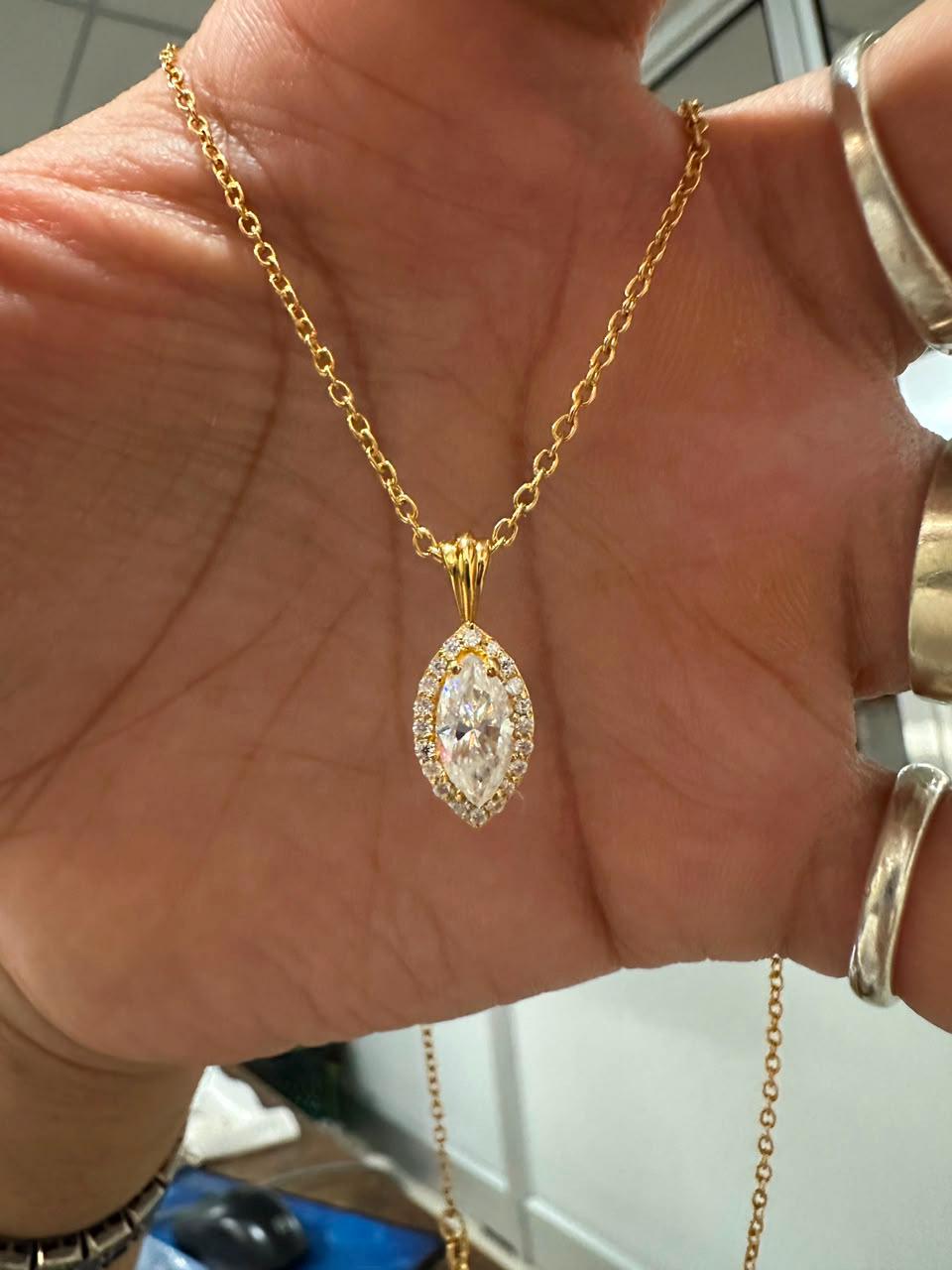 Marquise Moissanite Halo Pendant Necklace | 1.5 CT 14K Yellow Gold, Luxury Gift for Her