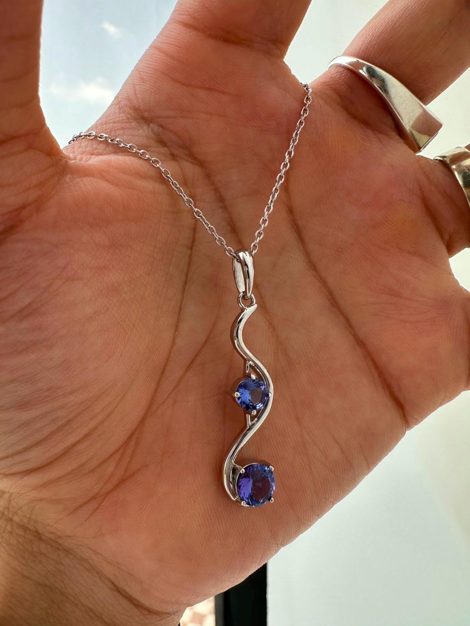 Natural Tanzanite Wave Pendant | Two Stone Necklace | 2.25CT | 14K White Gold