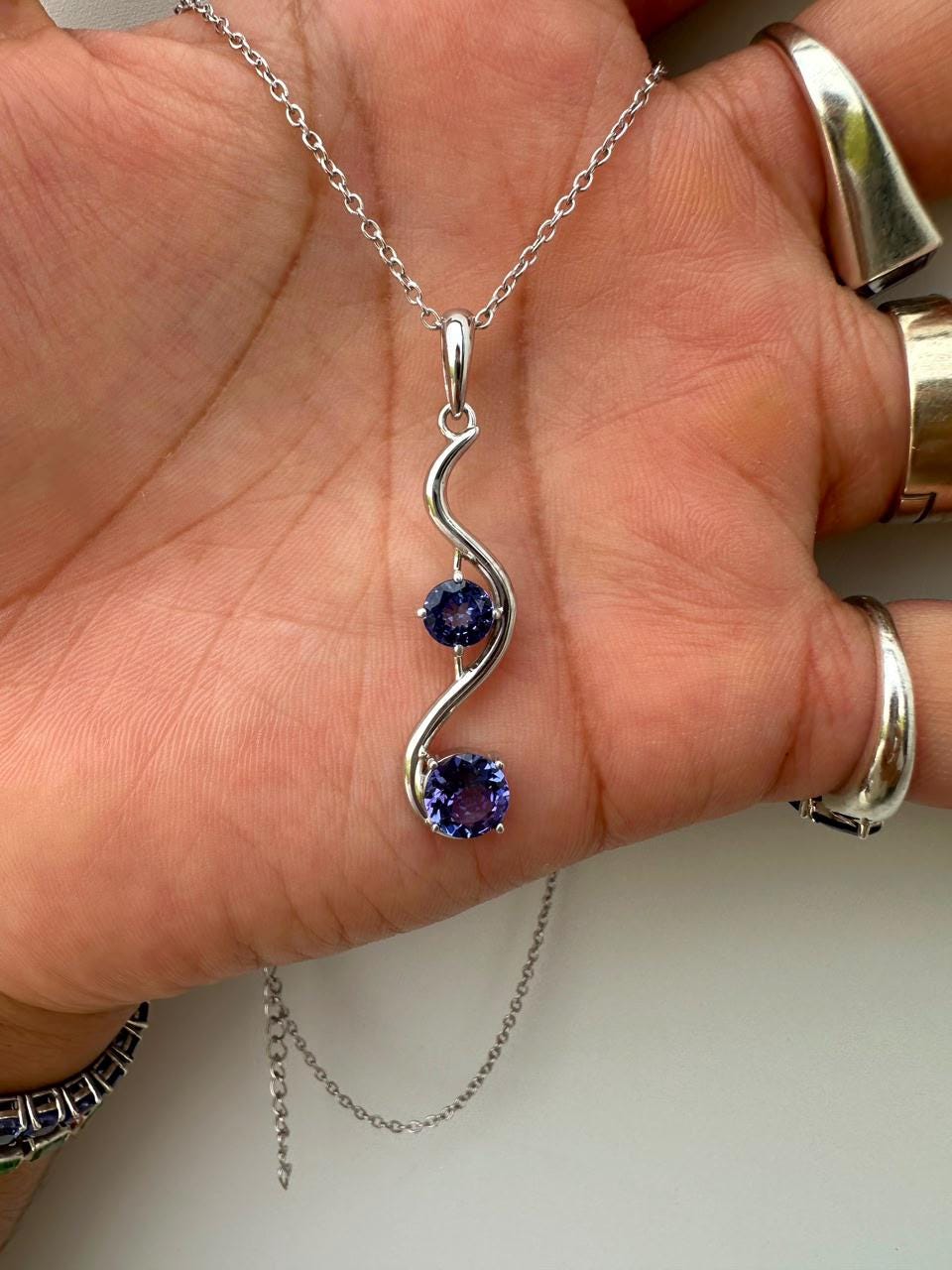 Natural Tanzanite Wave Pendant | Two Stone Necklace | 2.25CT | 14K White Gold