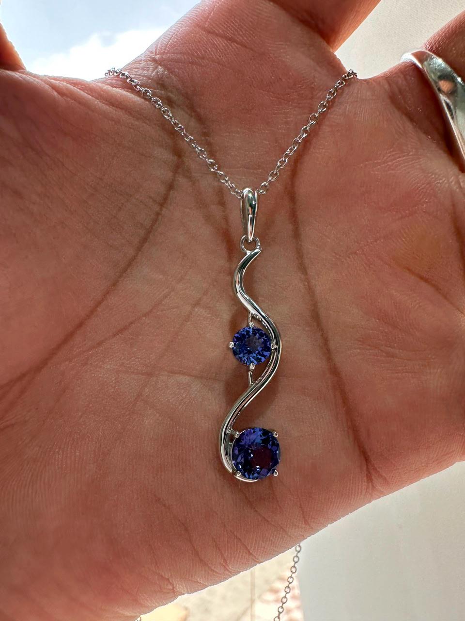 Natural Tanzanite Wave Pendant | Two Stone Necklace | 2.25CT | 14K White Gold
