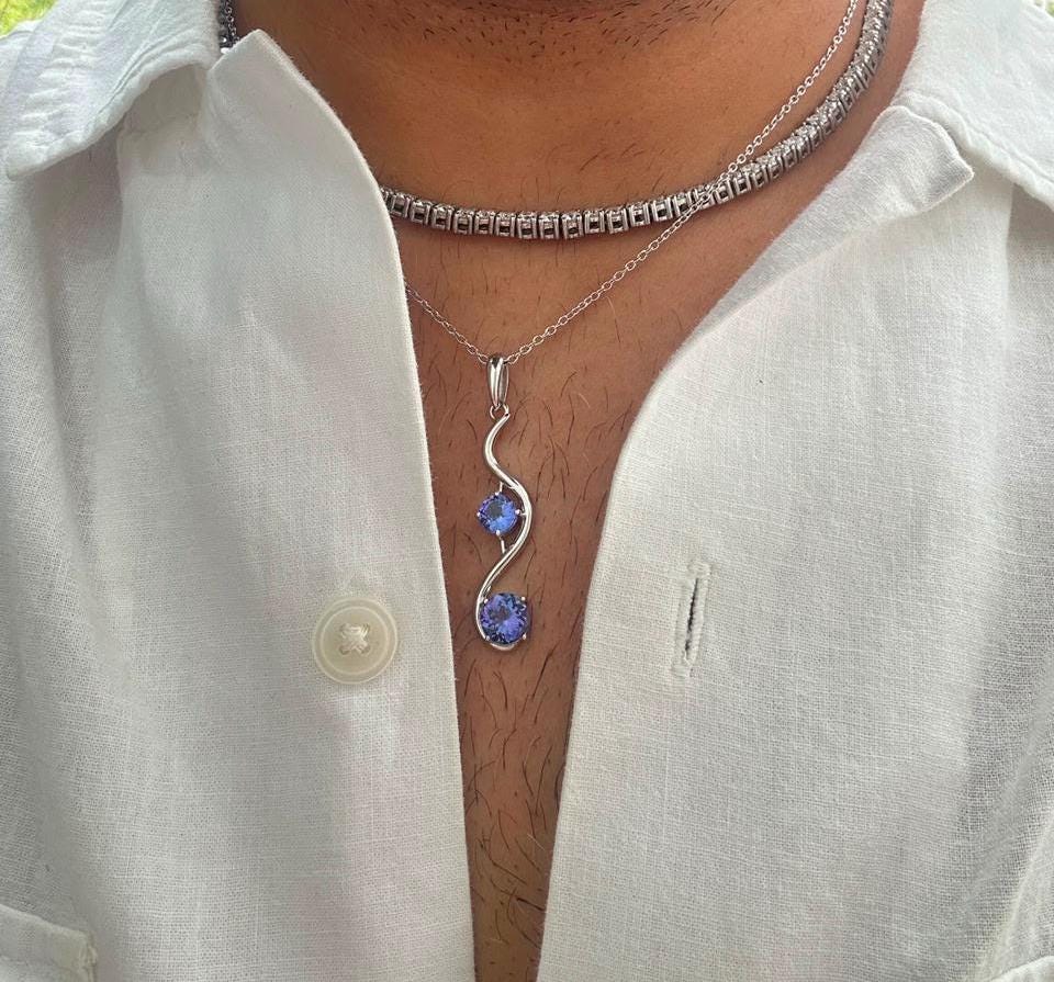 Natural Tanzanite Wave Pendant | Two Stone Necklace | 2.25CT | 14K White Gold