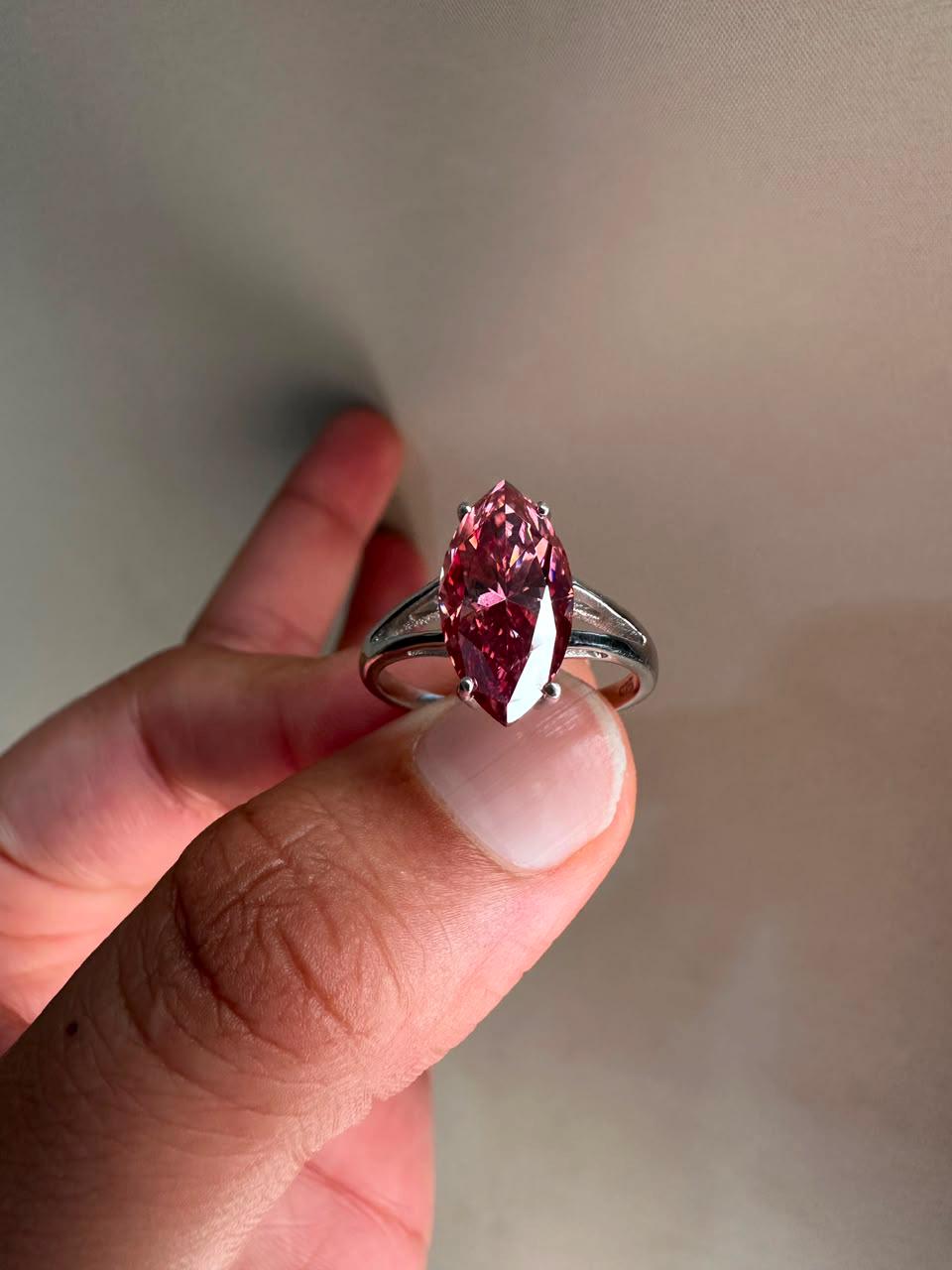 14K White Gold Marquise Pink Moissanite Engagement Ring, 5 Ct Statement Proposal Jewelry