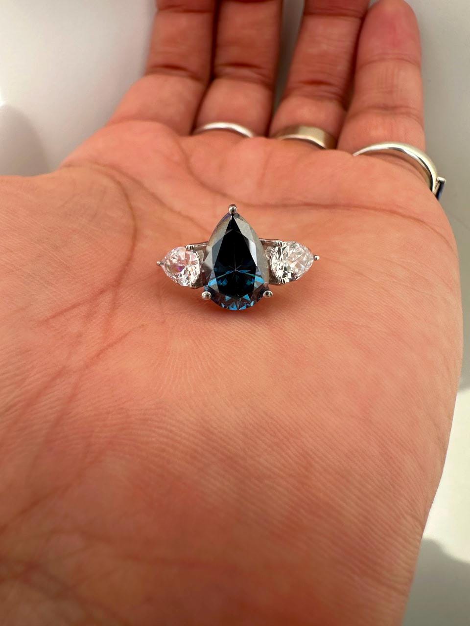 3.5 CT Blue Pear Moissanite Three Stone Ring, 14K White Gold Engagement Ring