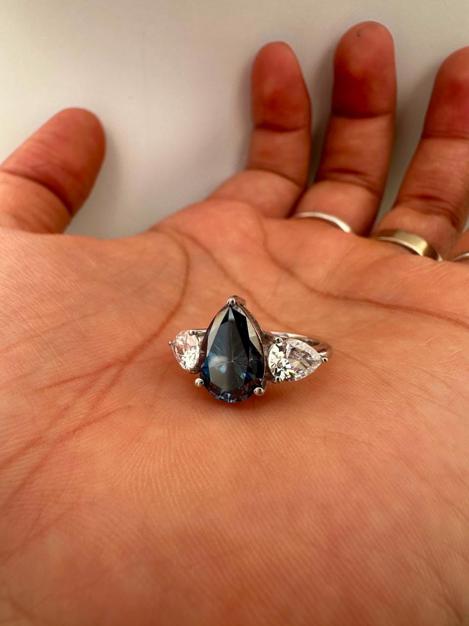 Blue Pear Moissanite Three Stone Ring, 14K White Gold Engagement Ring