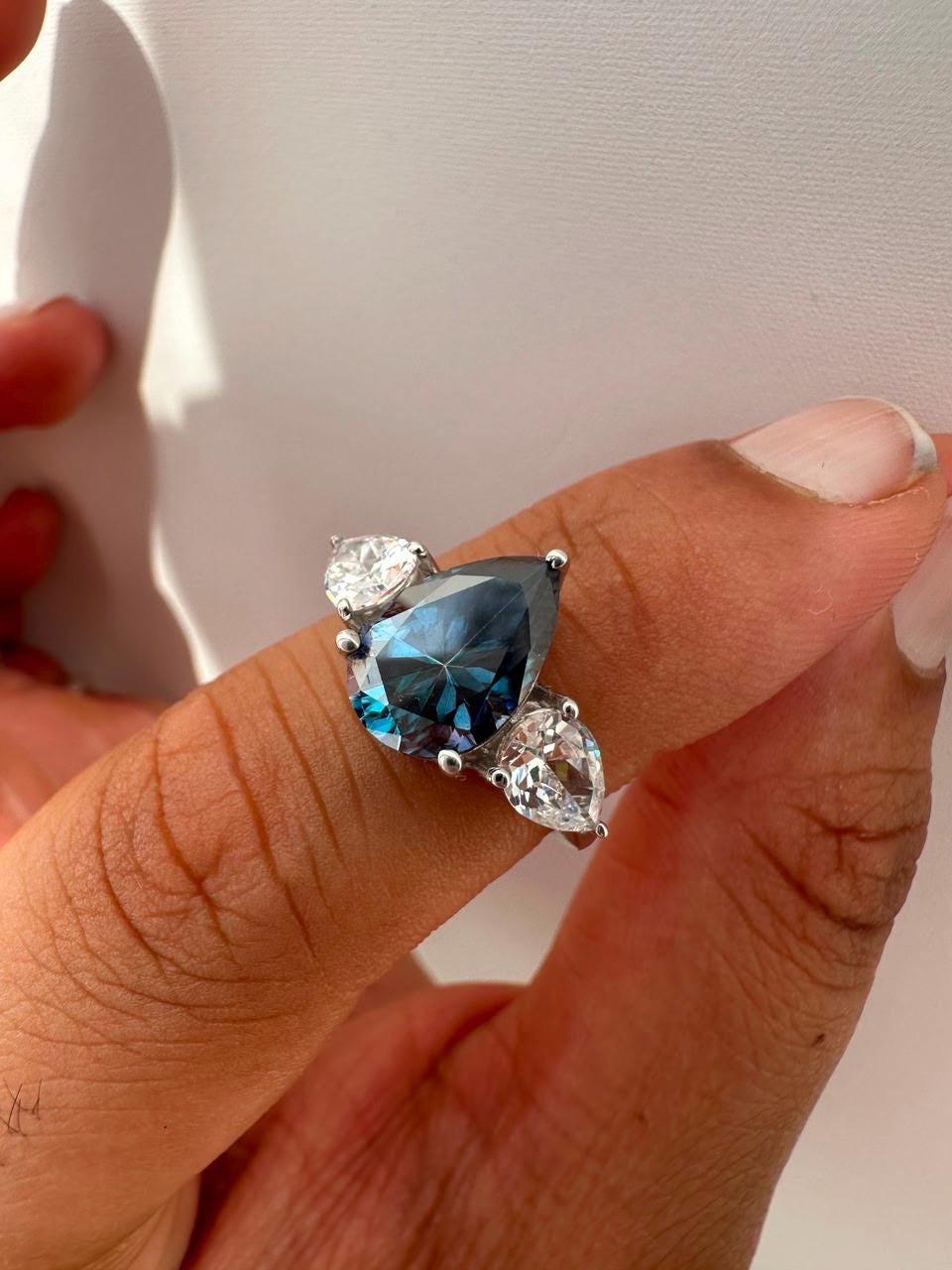 Blue Pear Moissanite Three Stone Ring, 14K White Gold Engagement Ring