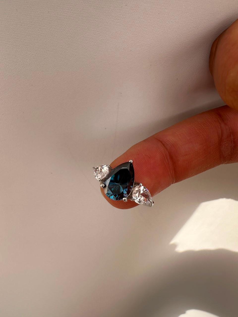 3.5 CT Blue Pear Moissanite Three Stone Ring, 14K White Gold Engagement Ring