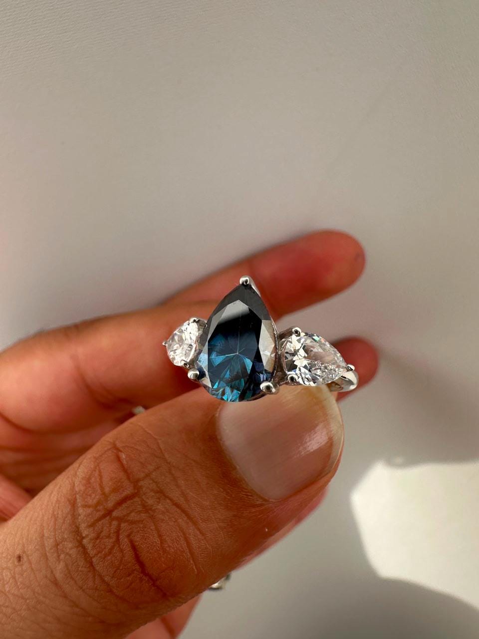 3.5 CT Blue Pear Moissanite Three Stone Ring, 14K White Gold Engagement Ring
