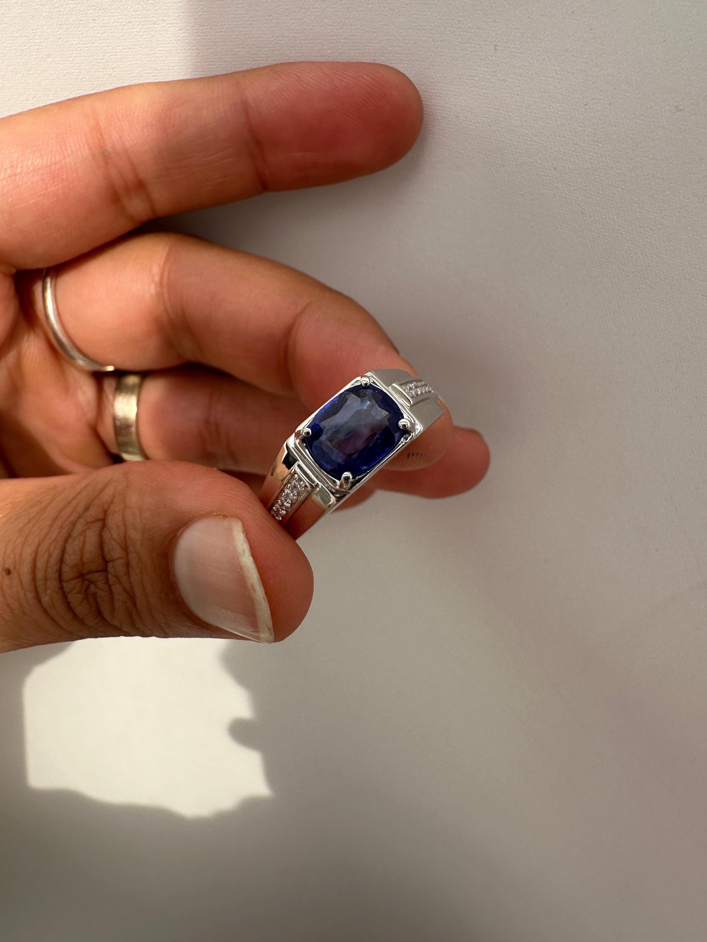 Sapphire Cushion Cut Men’s Engagement Ring in 14K White Gold, Blue Gemstone Ring