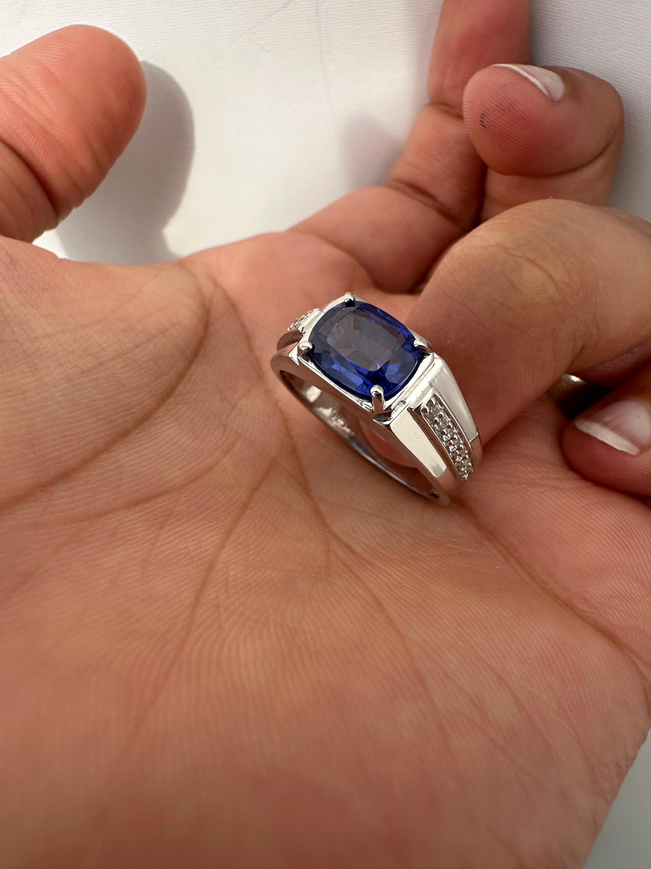 Sapphire Cushion Cut Men’s Engagement Ring in 14K White Gold, Blue Gemstone Ring