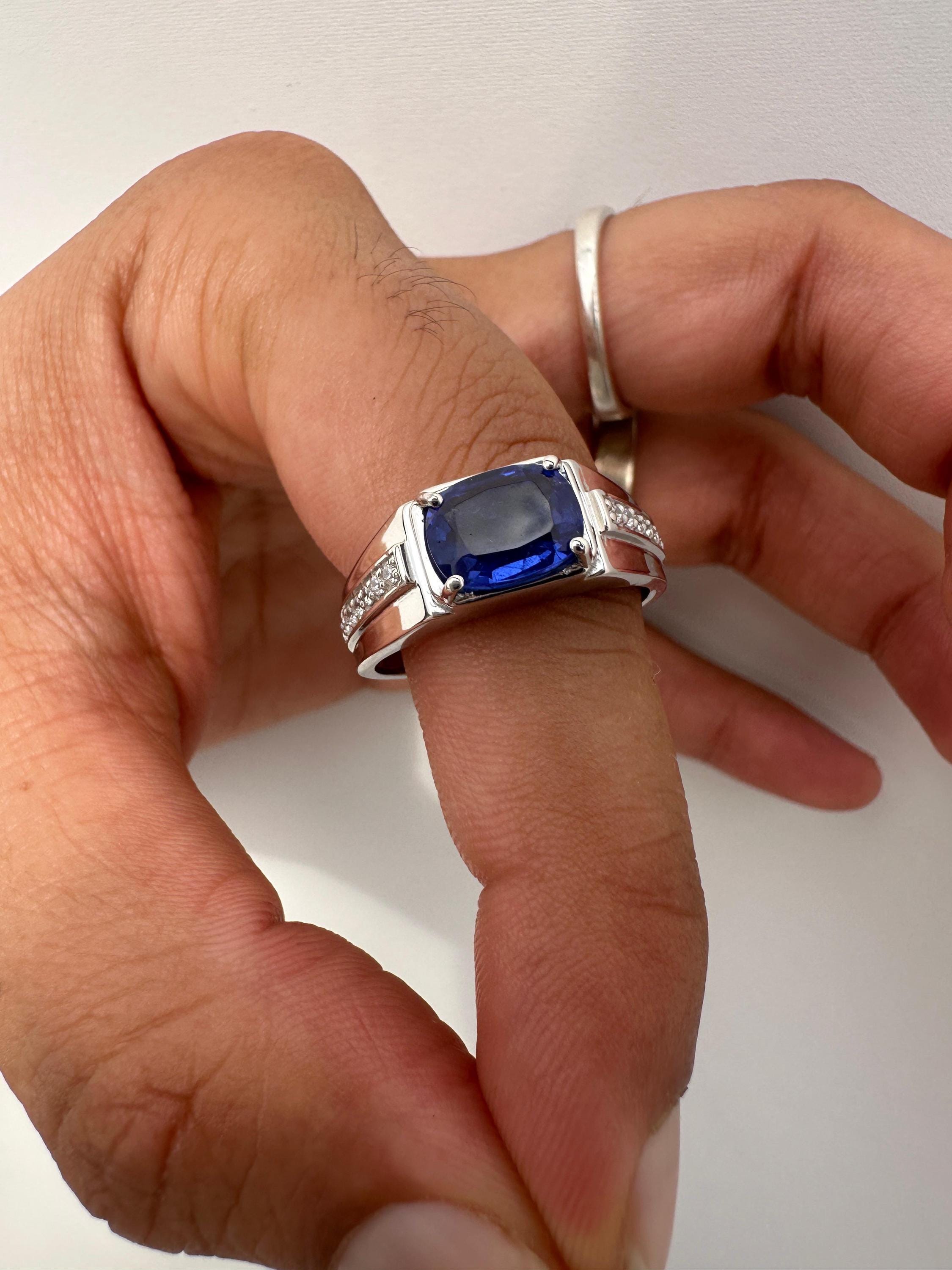 Sapphire Cushion Cut Men’s Engagement Ring in 14K White Gold, Blue Gemstone Ring