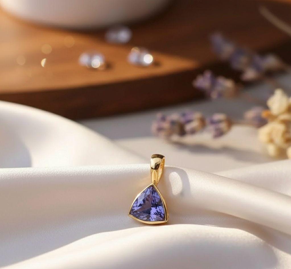 Natural Tanzanite Trillion Pendant | 1.25 CT 14K Yellow Gold Bezel Set