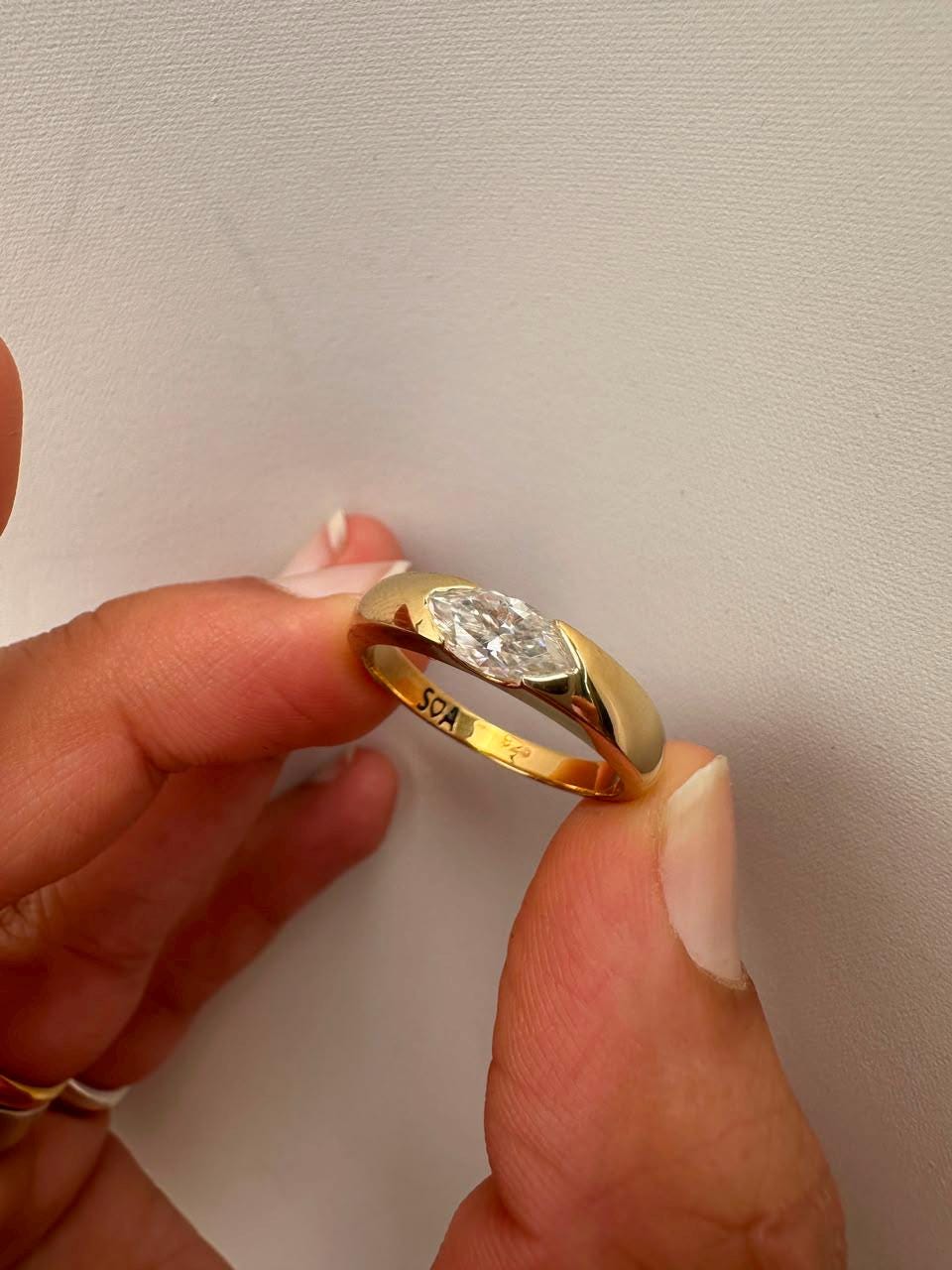 Marquise Moissanite Wedding Ring, 14K Yellow Gold Half Bezel Solitaire Band