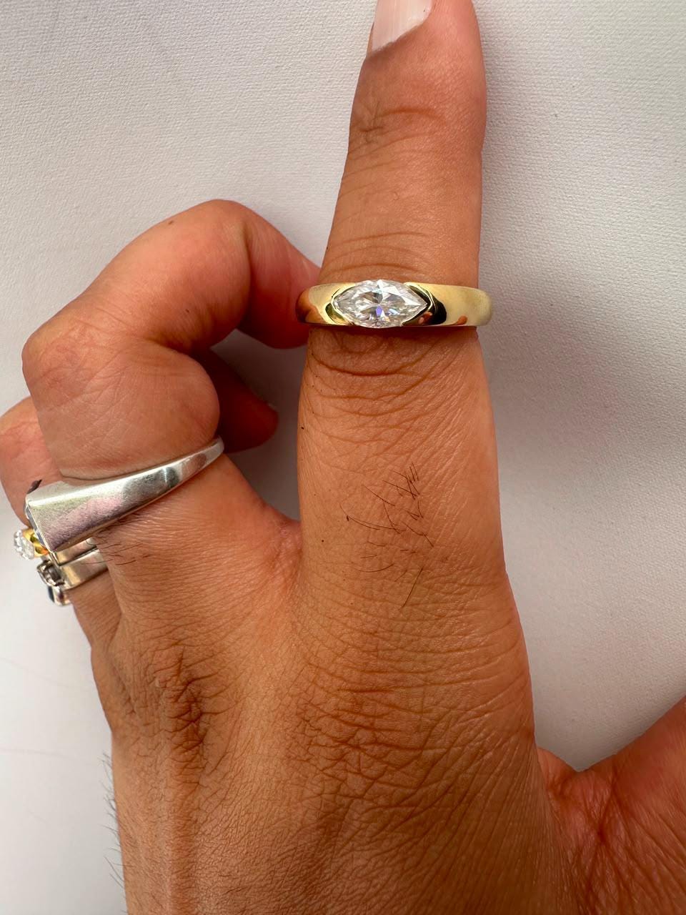 Marquise Moissanite Wedding Ring, 14K Yellow Gold Half Bezel Solitaire Band