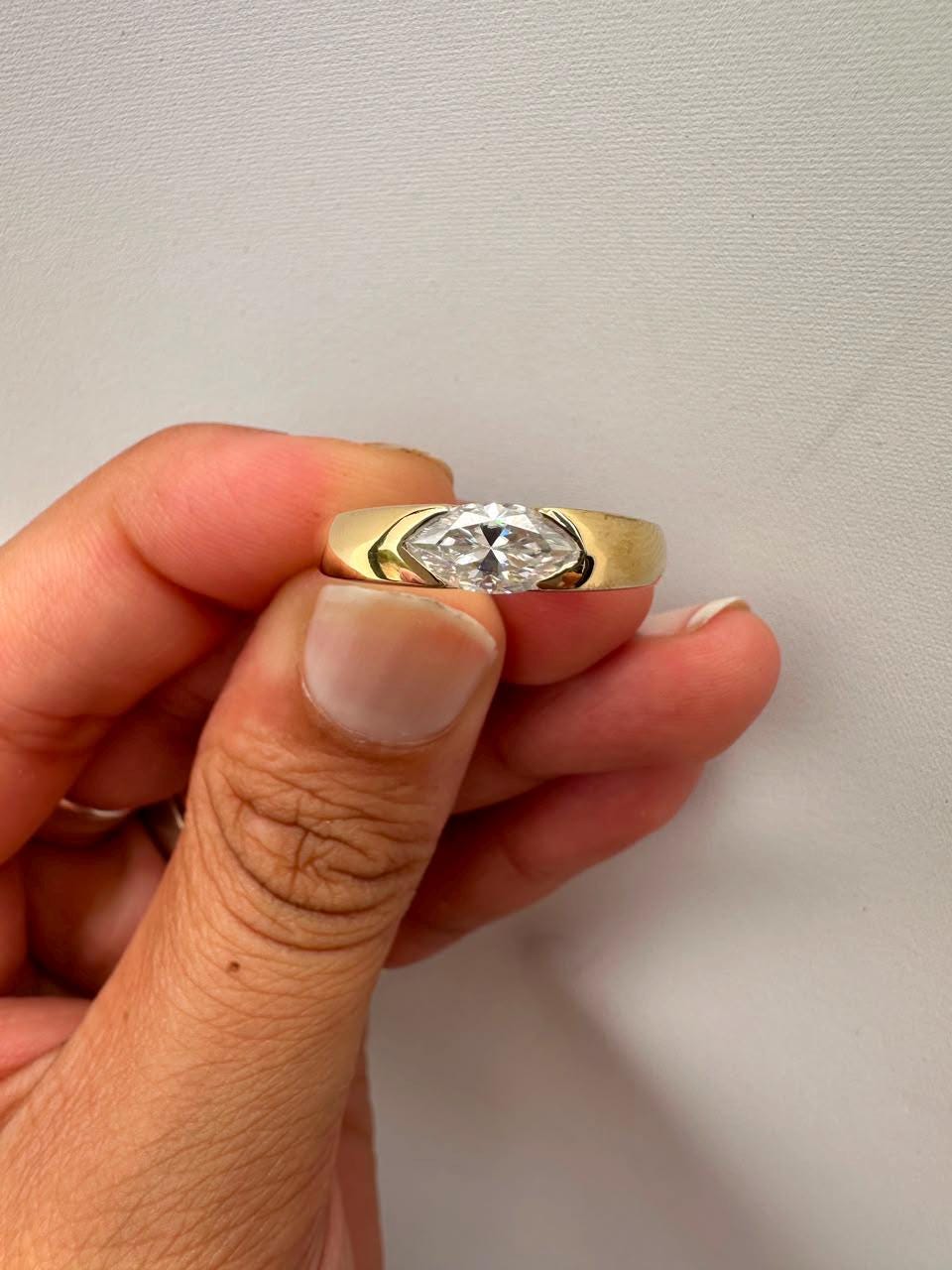Marquise Moissanite Wedding Ring, 14K Yellow Gold Half Bezel Solitaire Band