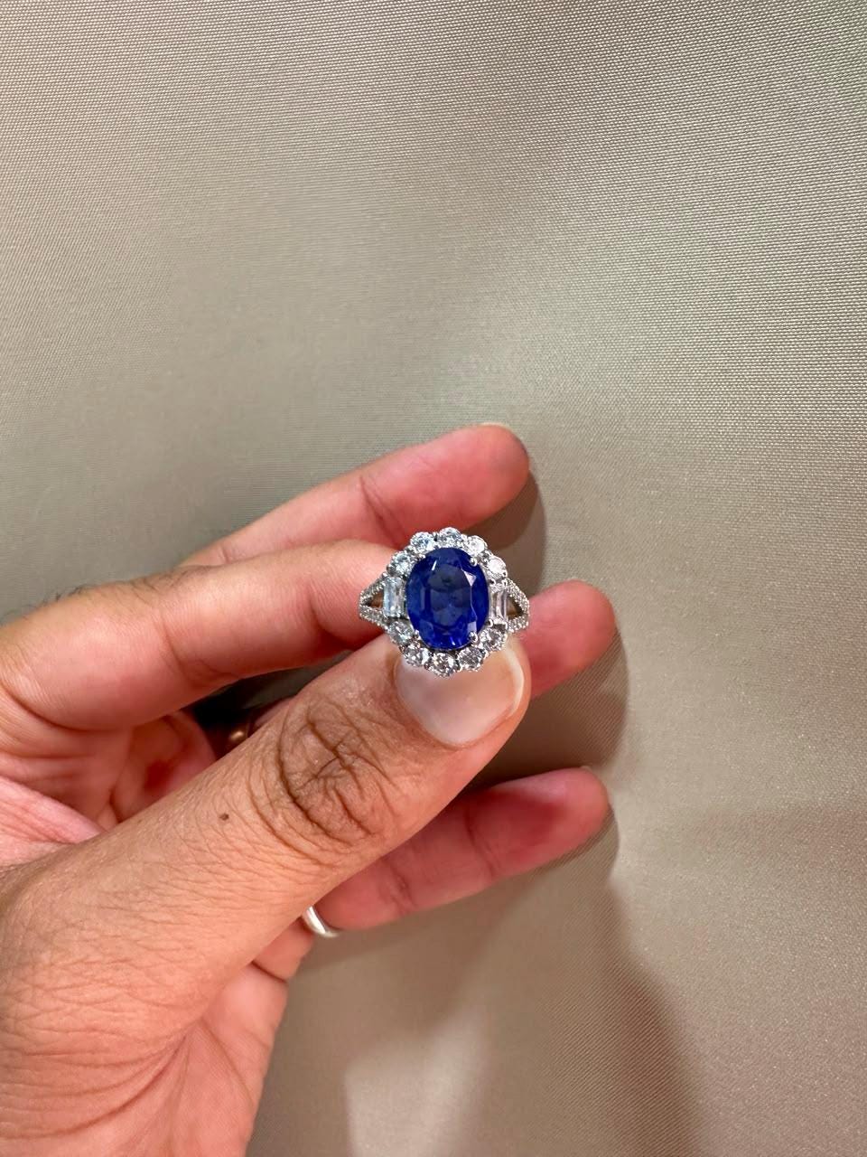 3 CT Oval Blue Sapphire Halo Engagement Ring, 14K White Gold Vintage Ring