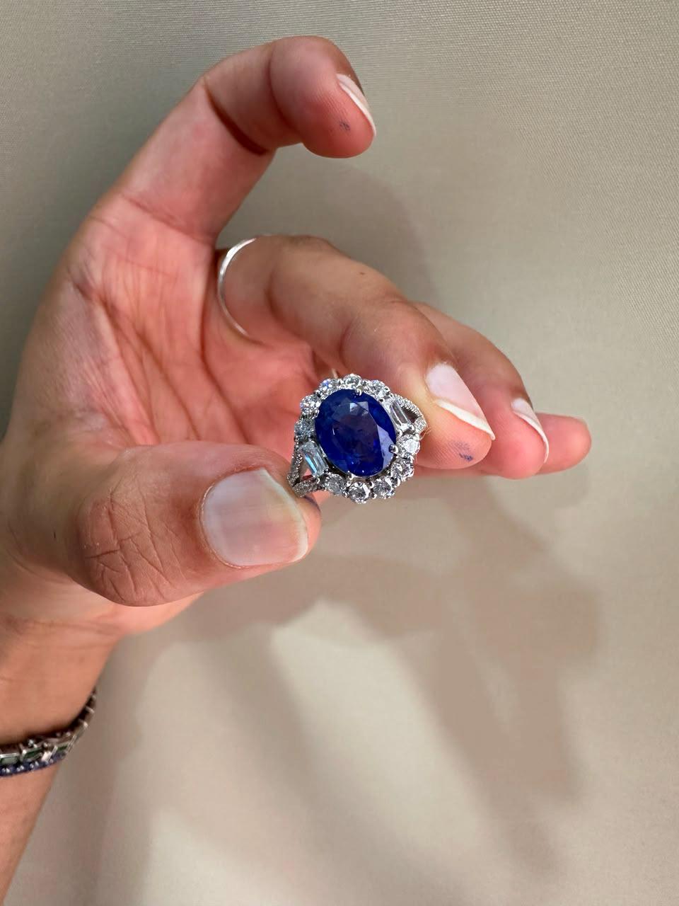 3 CT Oval Blue Sapphire Halo Engagement Ring, 14K White Gold Vintage Ring