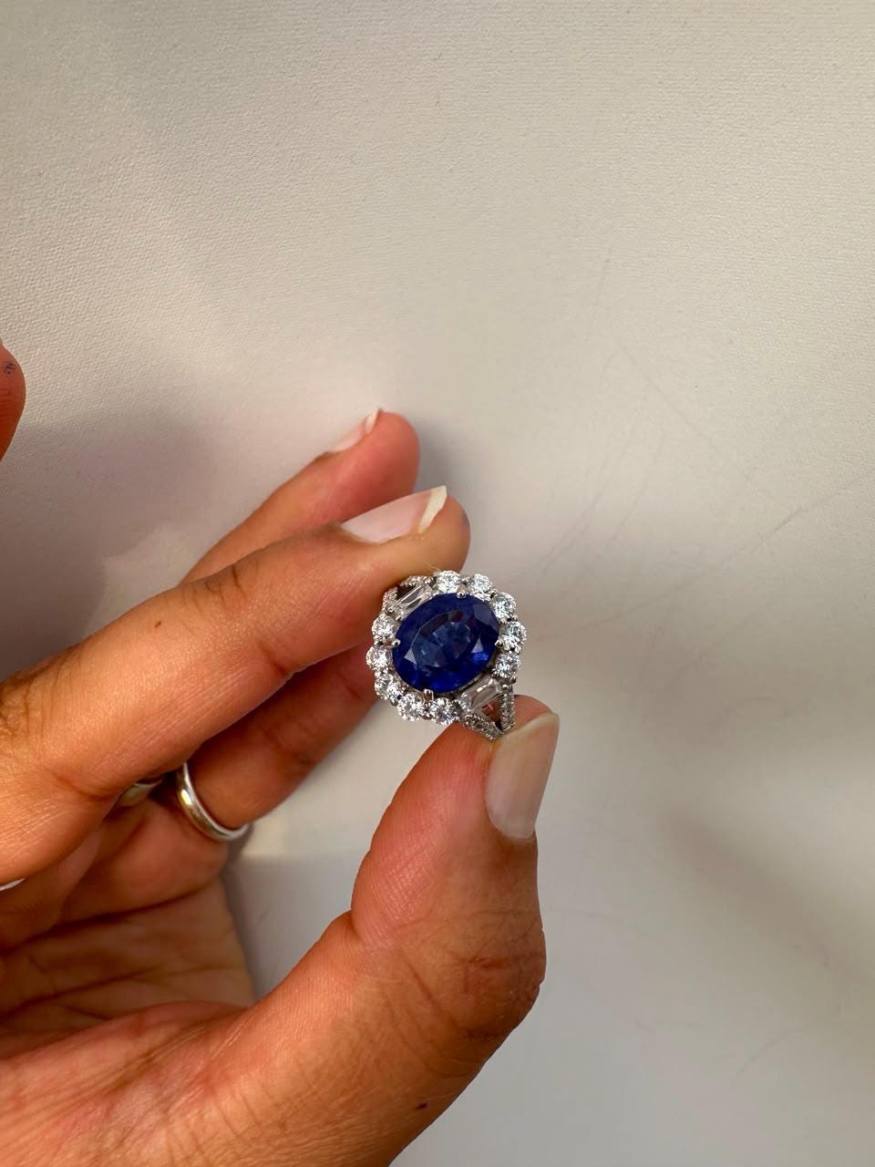 3 CT Oval Blue Sapphire Halo Engagement Ring, 14K White Gold Vintage Ring