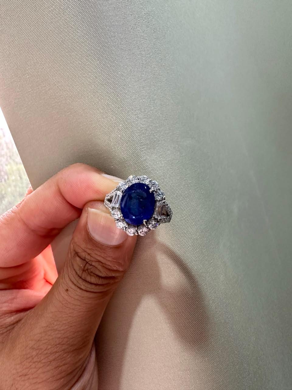 3 CT Oval Blue Sapphire Halo Engagement Ring, 14K White Gold Vintage Ring