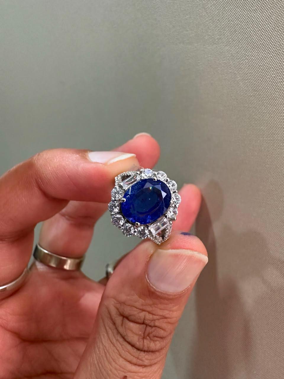 3 CT Oval Blue Sapphire Halo Engagement Ring, 14K White Gold Vintage Ring