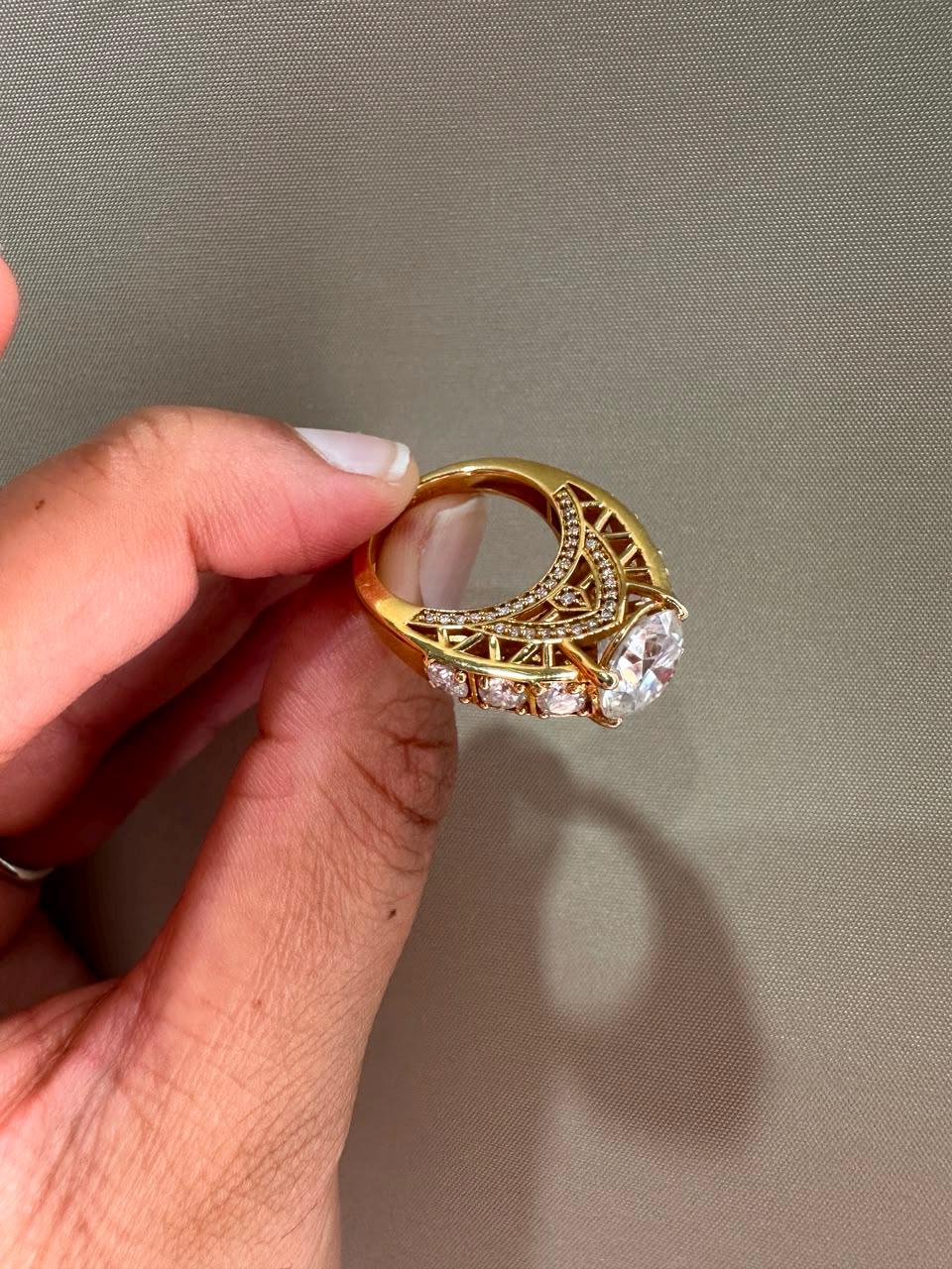 Crown of Eternity Moissanite Engagement Ring, 14K Yellow Gold Vermeil Statement Ring
