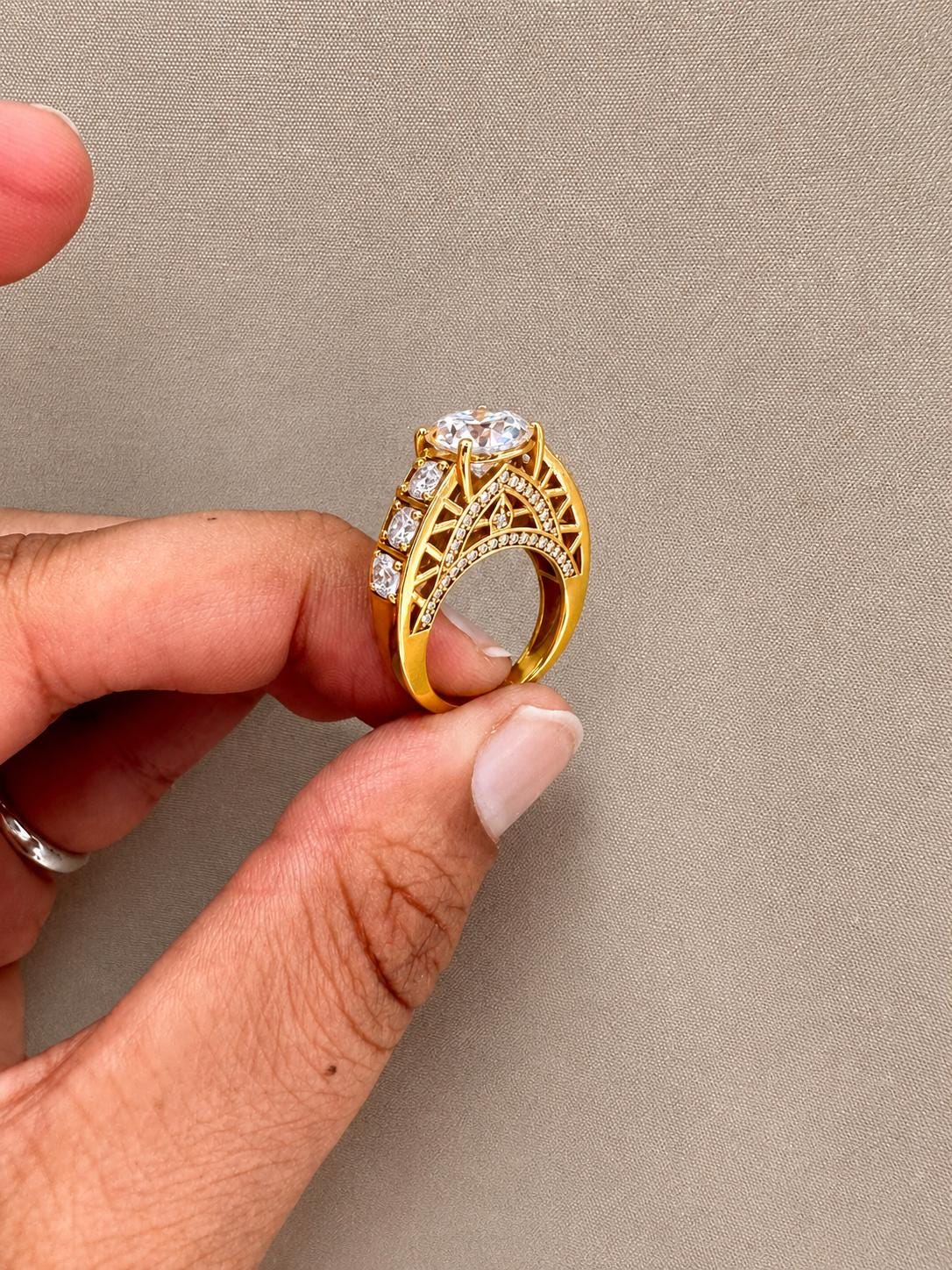 Crown of Eternity Moissanite Engagement Ring, 14K Yellow Gold Vermeil Statement Ring