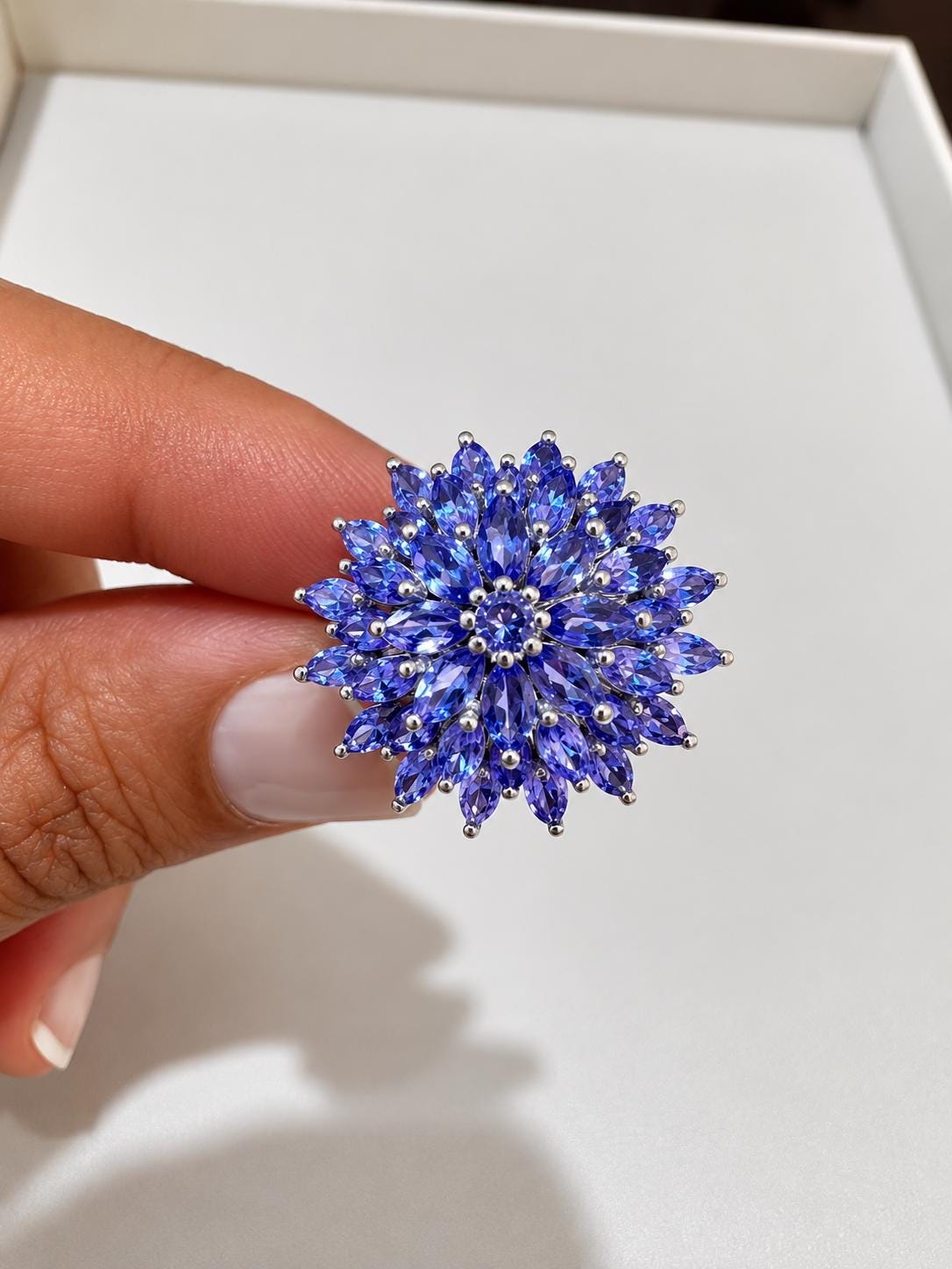 4 CT Marquise Cut Tanzanite Floral Cluster Ring, 14K White Gold Statement Cocktail Ring