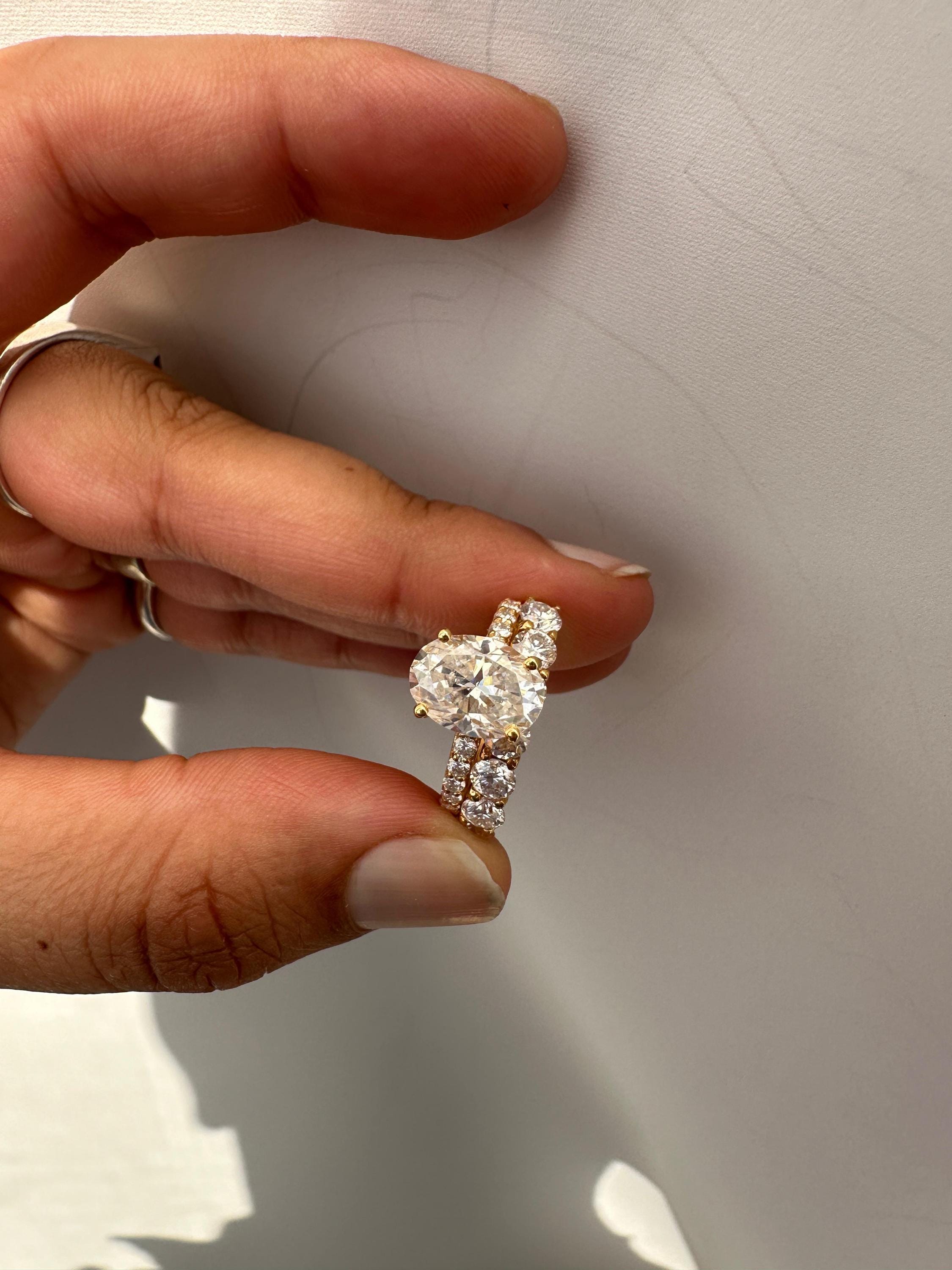 Oval Moissanite Engagement Ring Set, 14K Yellow Gold Hidden Halo Bridal Band