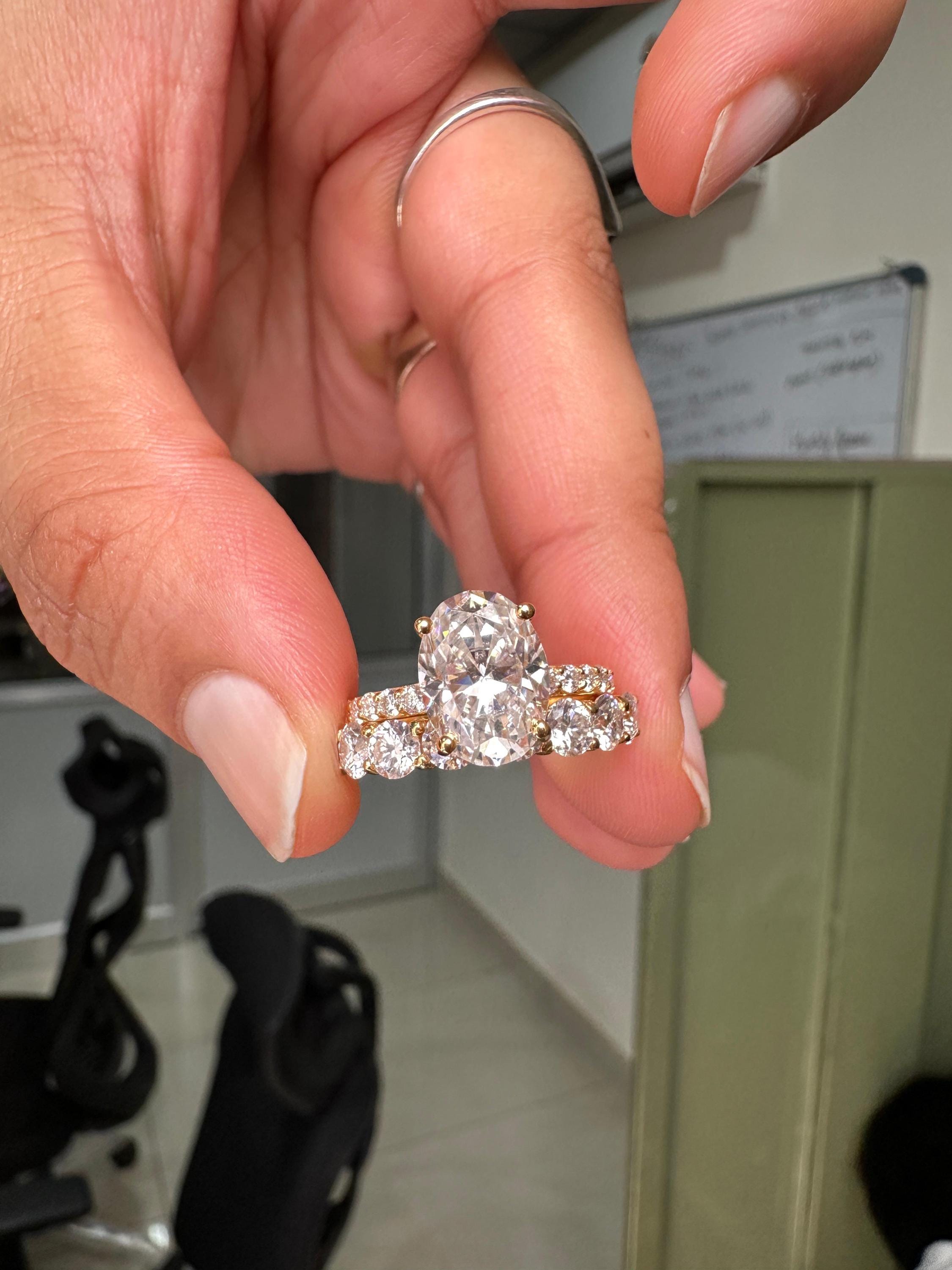 Oval Moissanite Engagement Ring Set, 14K Yellow Gold Hidden Halo Bridal Band