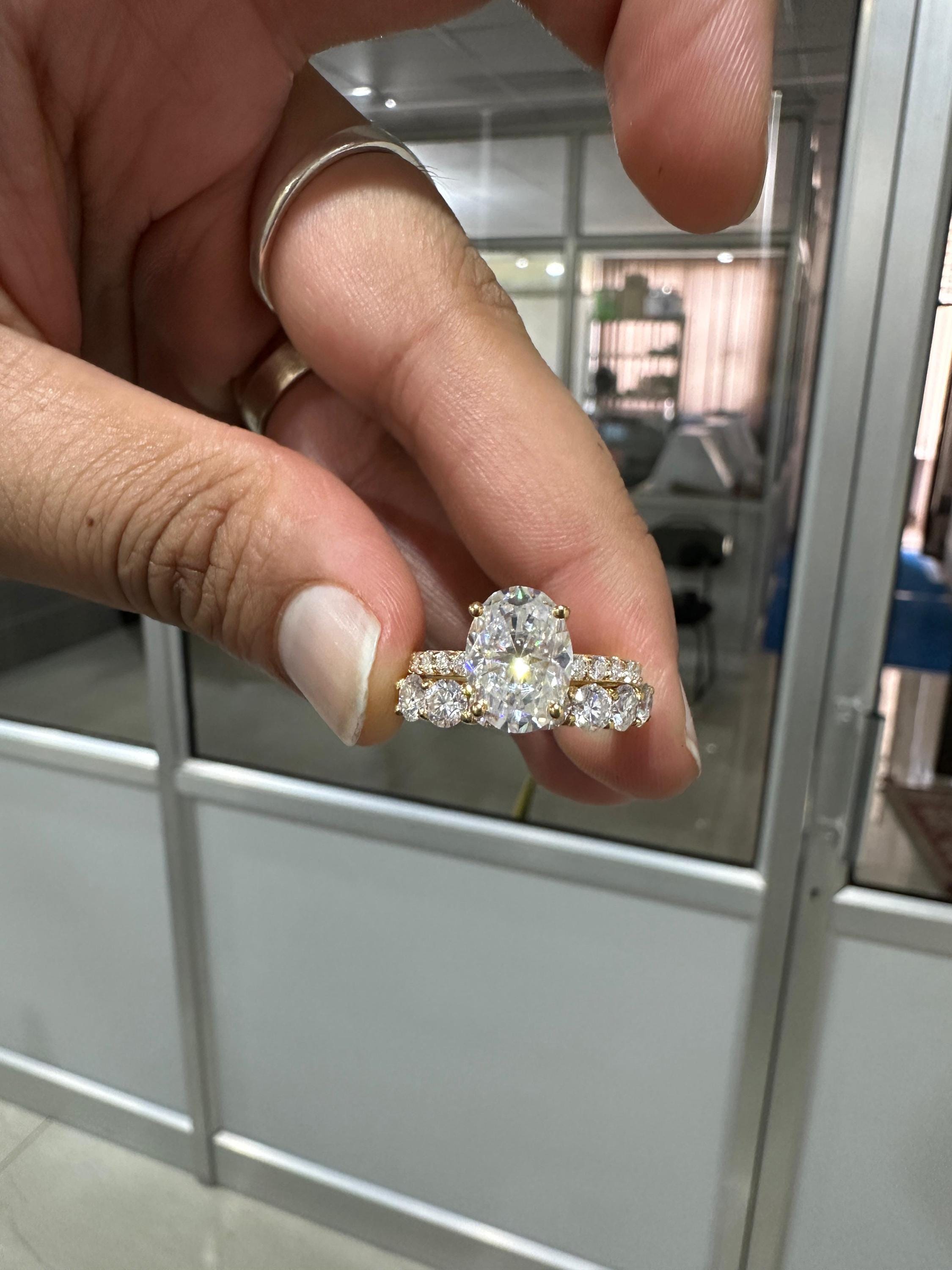 Oval Moissanite Engagement Ring Set, 14K Yellow Gold Hidden Halo Bridal Band