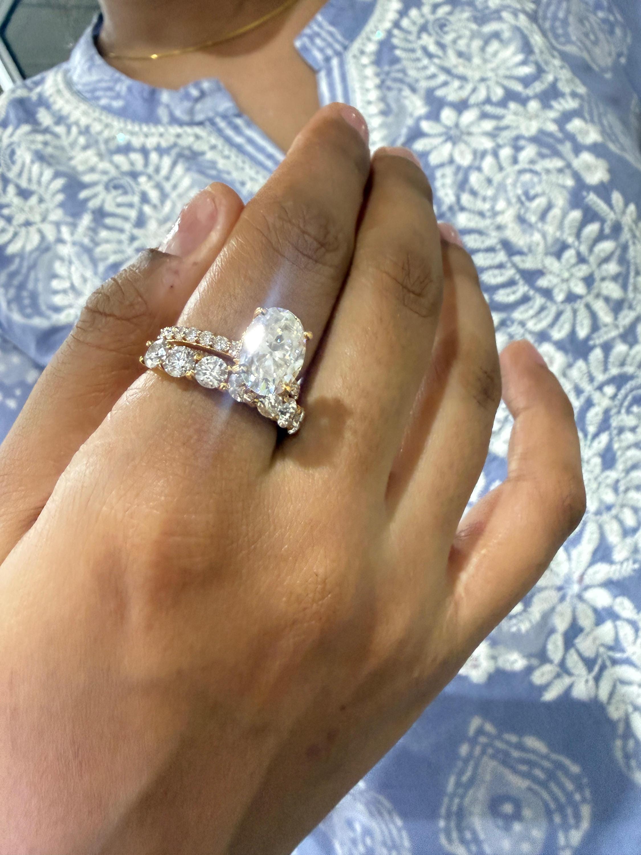 Oval Moissanite Engagement Ring Set, 14K Yellow Gold Hidden Halo Bridal Band