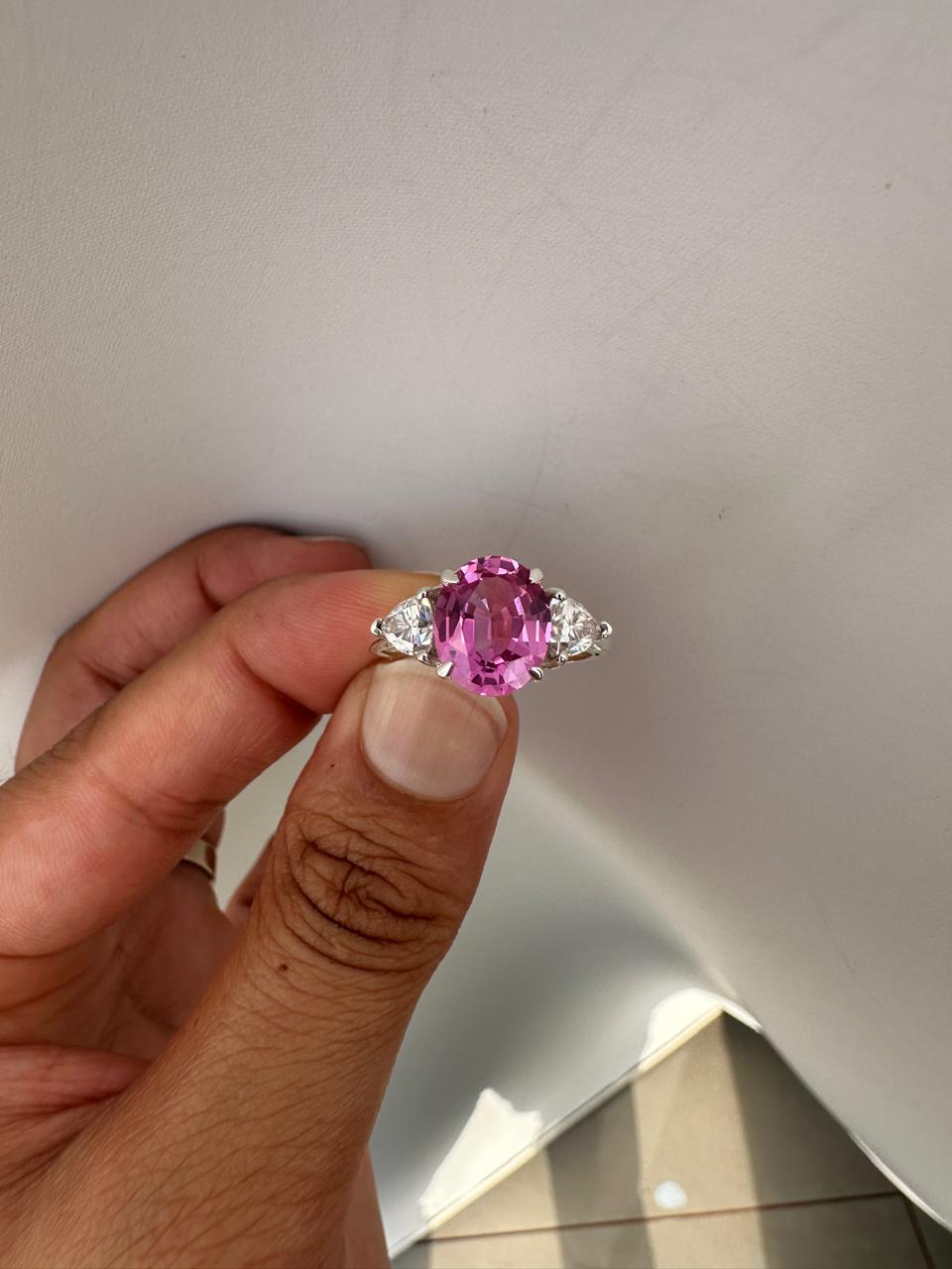 Oval Pink Sapphire Engagement Ring, 14K White Gold, Trillion Accents, September Birthstone
