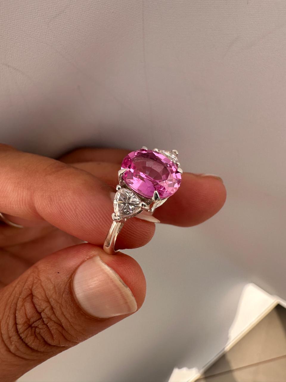 Oval Pink Sapphire Engagement Ring, 14K White Gold, Trillion Accents, September Birthstone