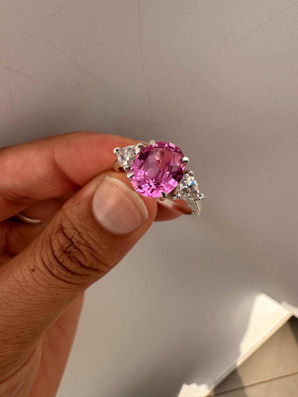 Oval Pink Sapphire Engagement Ring, 14K White Gold, Trillion Accents, September Birthstone