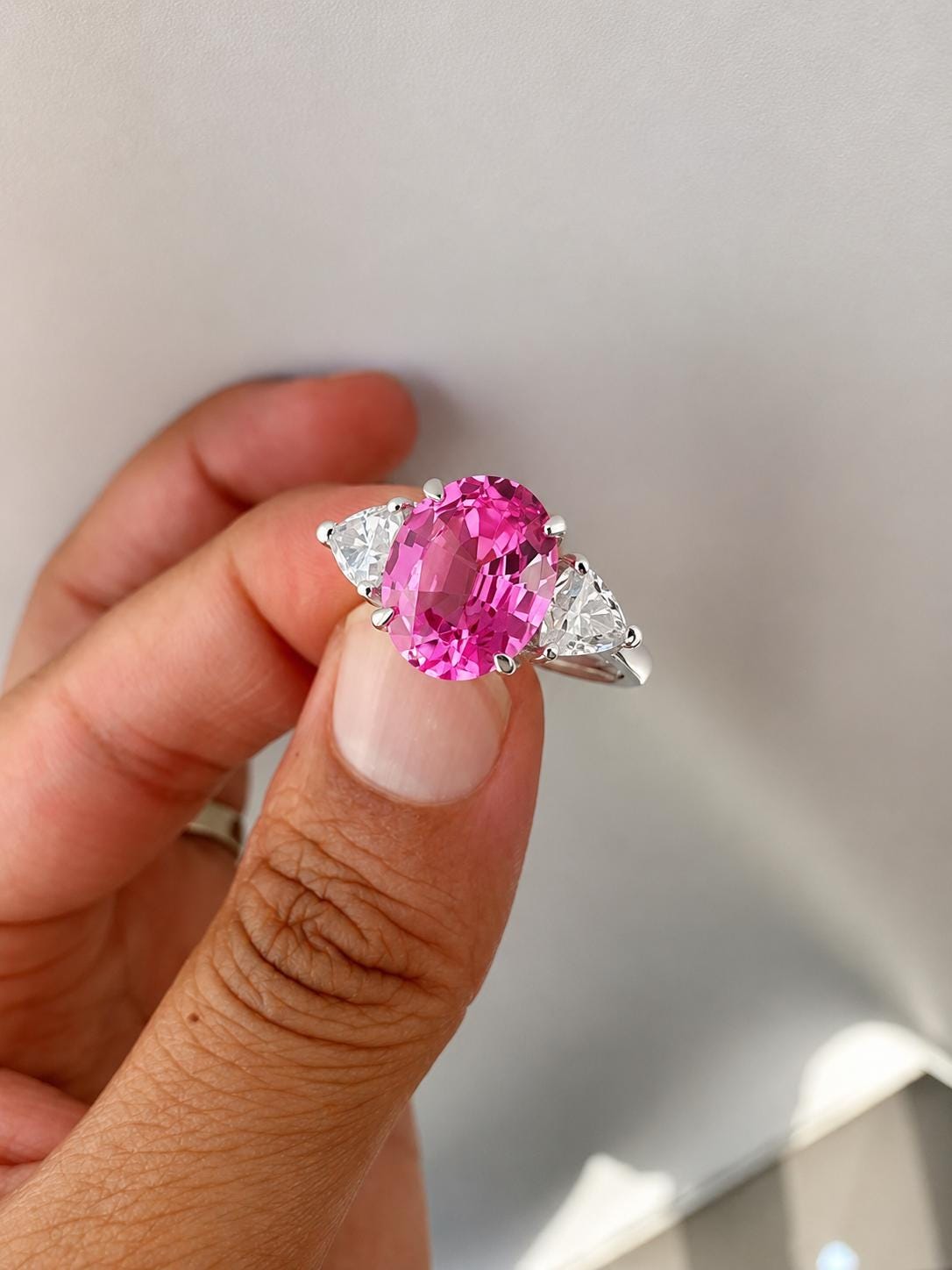 Oval Pink Sapphire Engagement Ring, 14K White Gold, Trillion Accents, September Birthstone