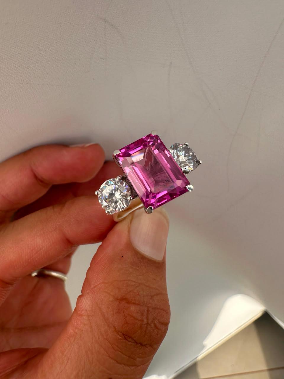 Emerald Cut Pink Sapphire Engagement Ring, 14K White Gold Three Stone Ring