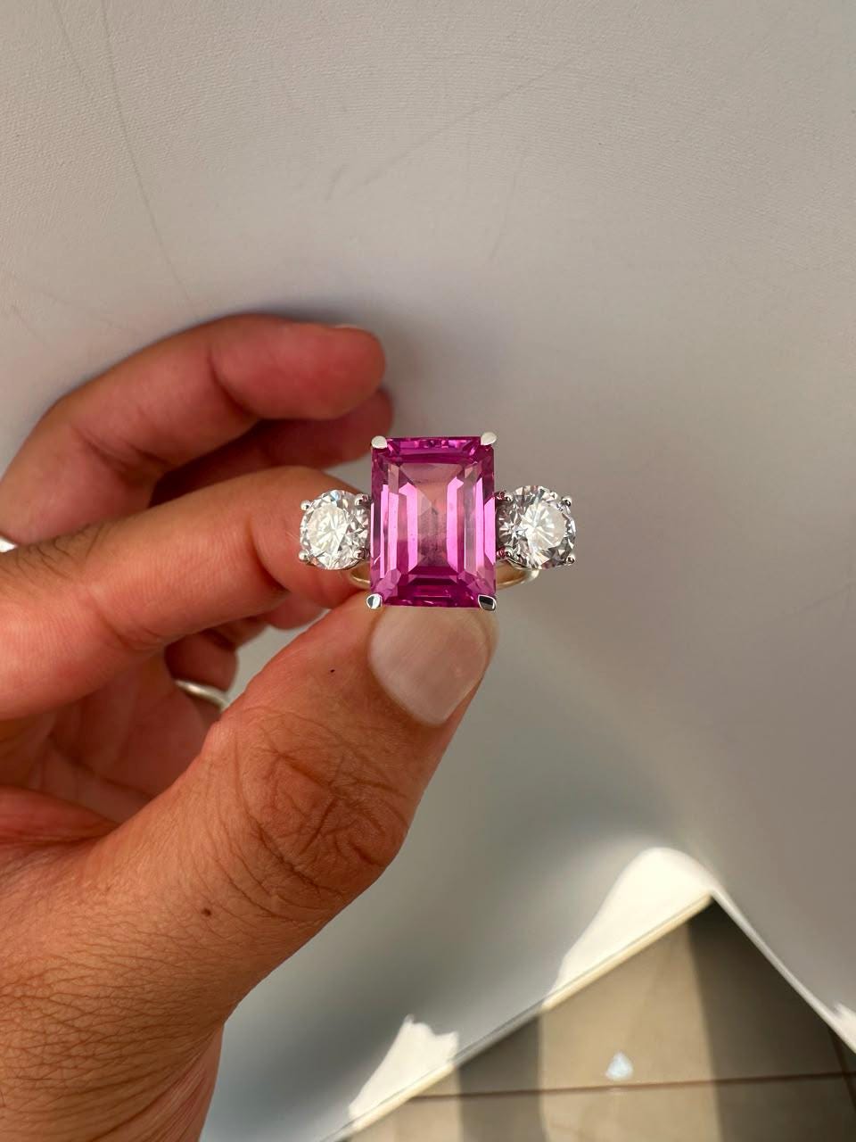 Emerald Cut Pink Sapphire Engagement Ring, 14K White Gold Three Stone Ring