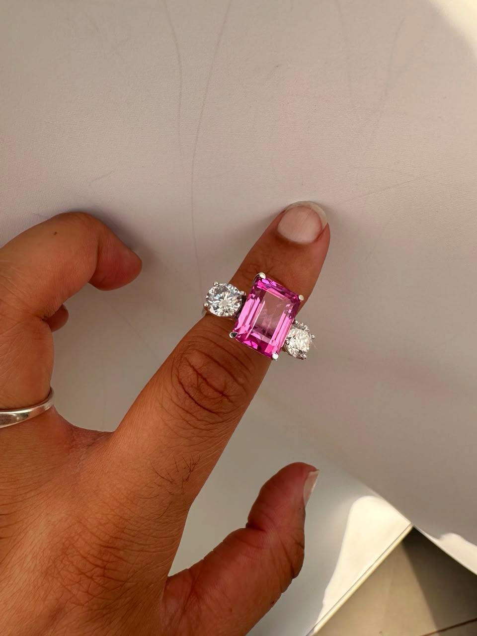 Emerald Cut Pink Sapphire Engagement Ring, 14K White Gold Three Stone Ring