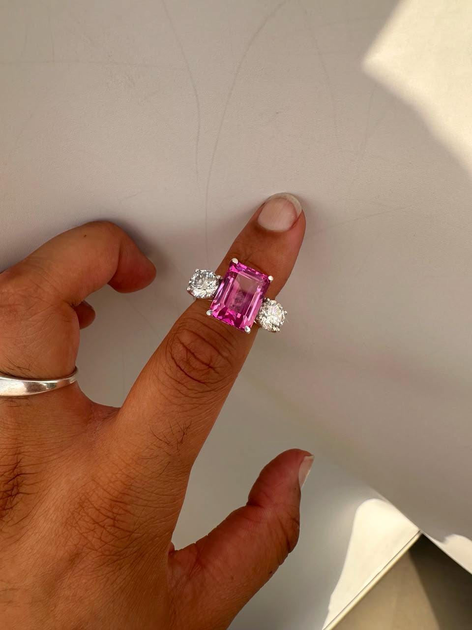 Emerald Cut Pink Sapphire Engagement Ring, 14K White Gold Three Stone Ring