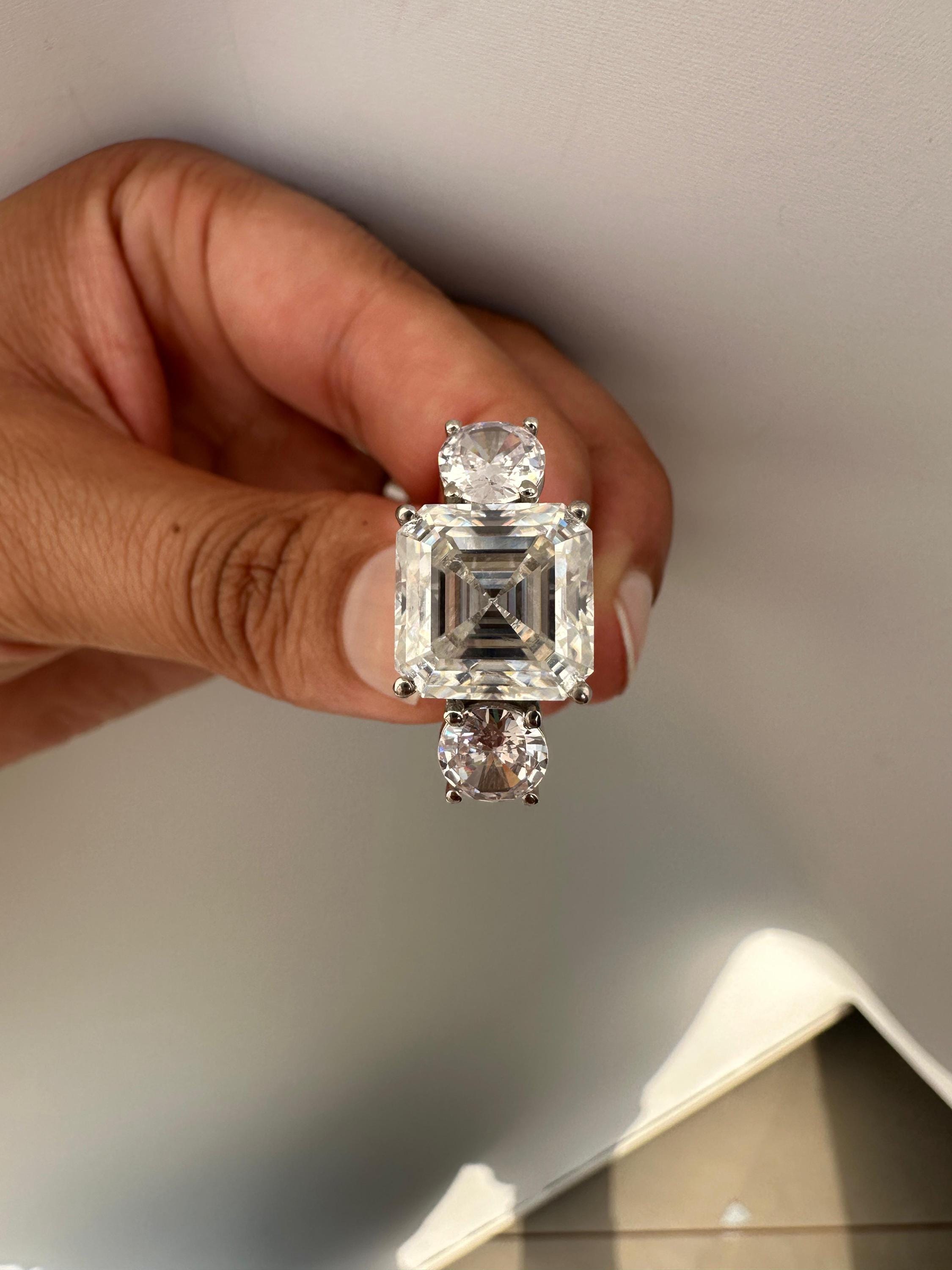 10 CT Asscher Cut Moissanite Ring, 14K White Gold Three Stone Engagement Ring