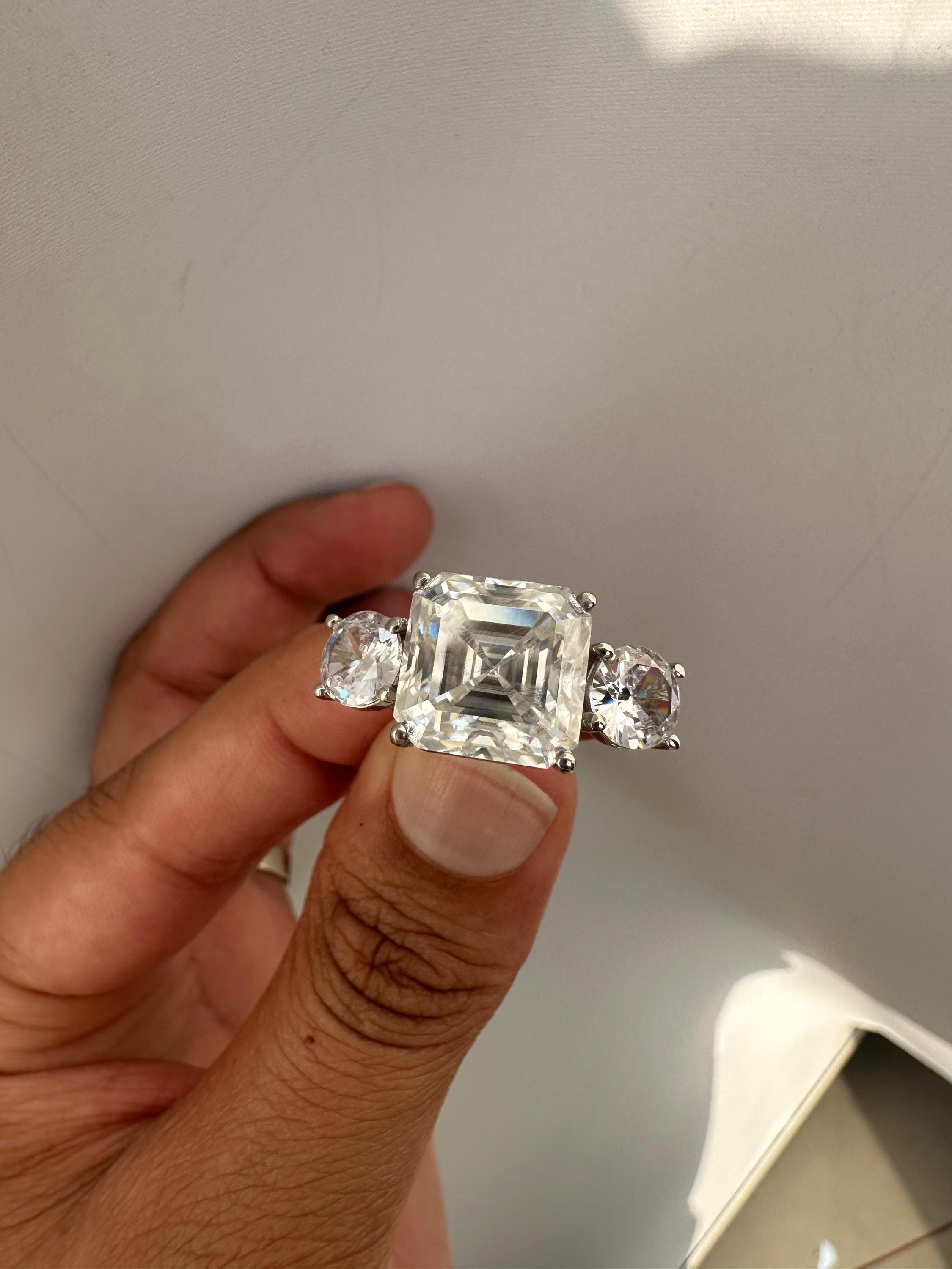 10 CT Asscher Cut Moissanite Ring, 14K White Gold Three Stone Engagement Ring