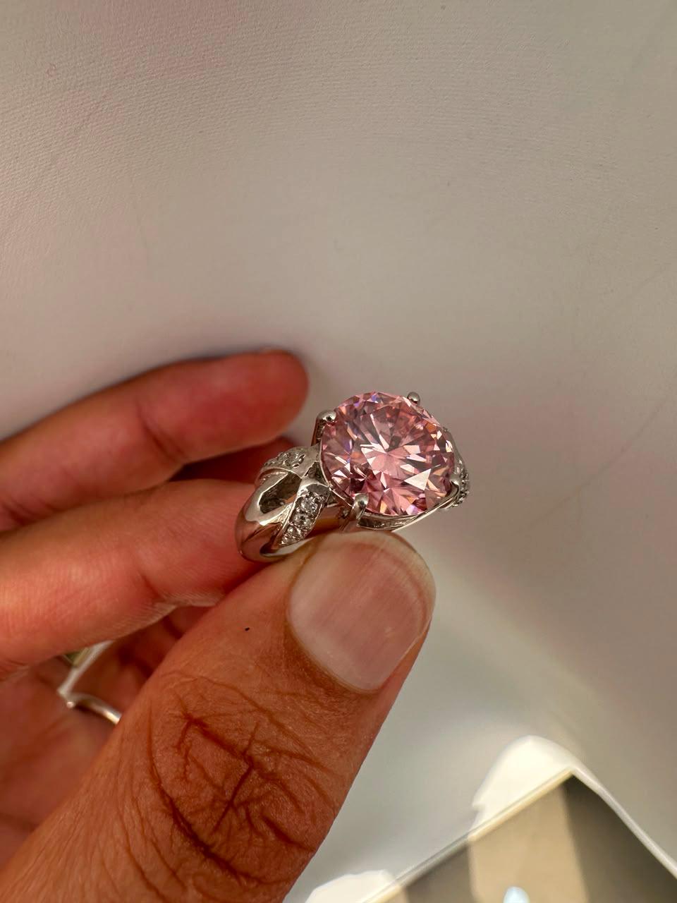 5 CT Pink Round Moissanite Engagement Ring, 14K White Gold Crossover Band