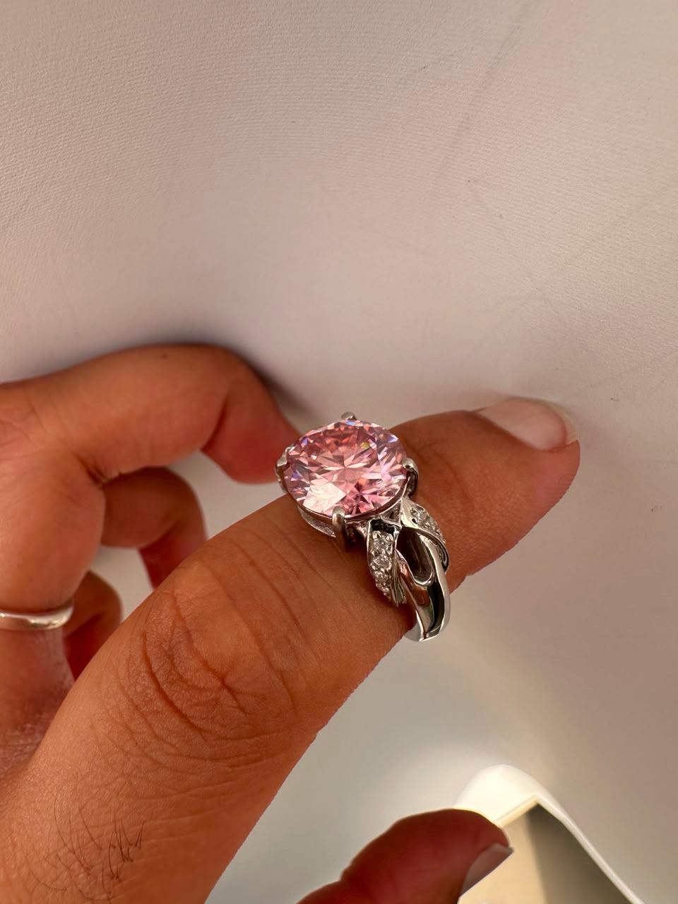 5 CT Pink Round Moissanite Engagement Ring, 14K White Gold Crossover Band