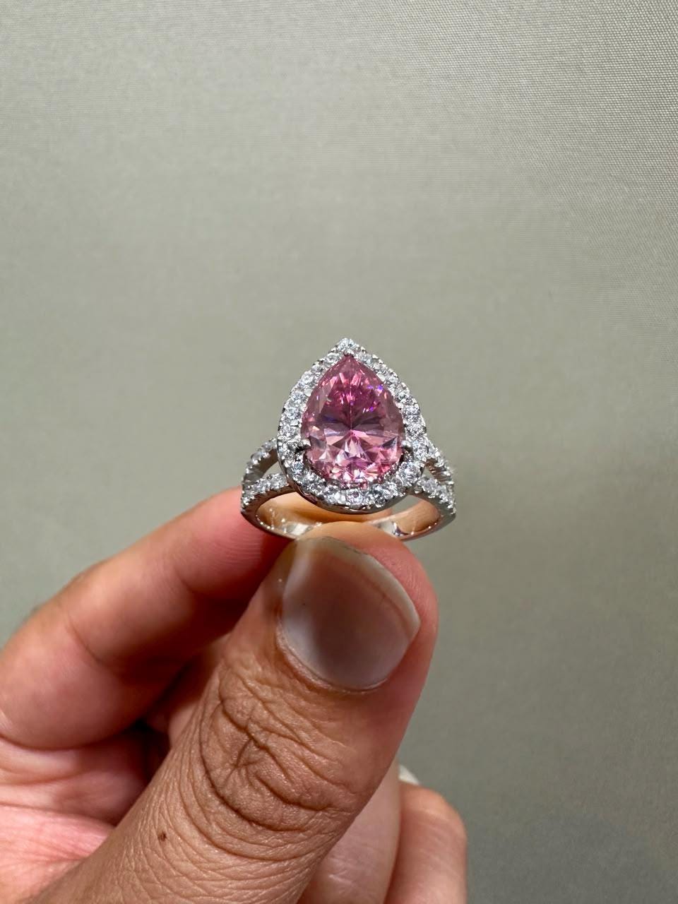 4 CT Pink Pear Moissanite Halo Engagement Ring 14K White Gold Split Shank