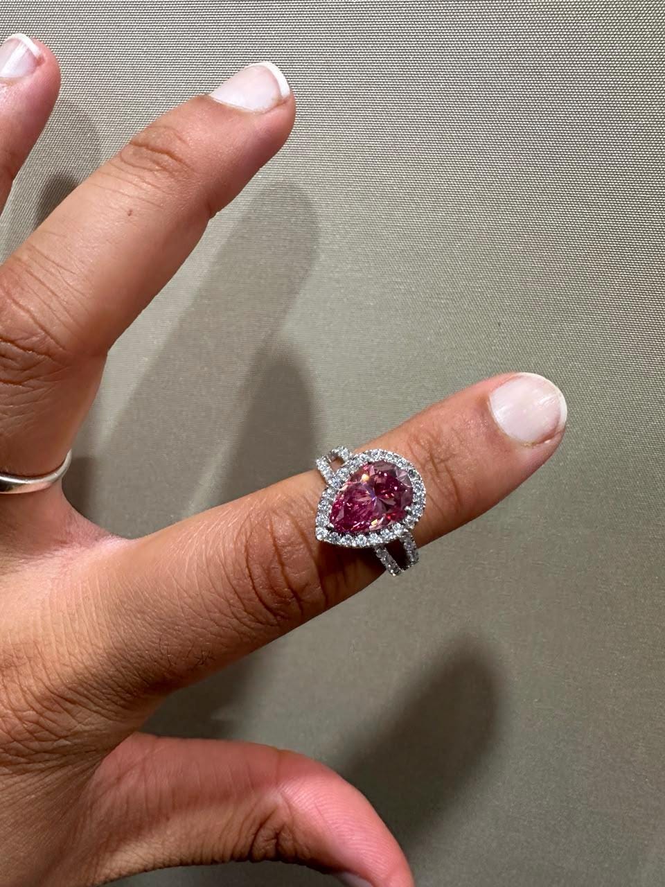 4 CT Pink Pear Moissanite Halo Engagement Ring 14K White Gold Split Shank