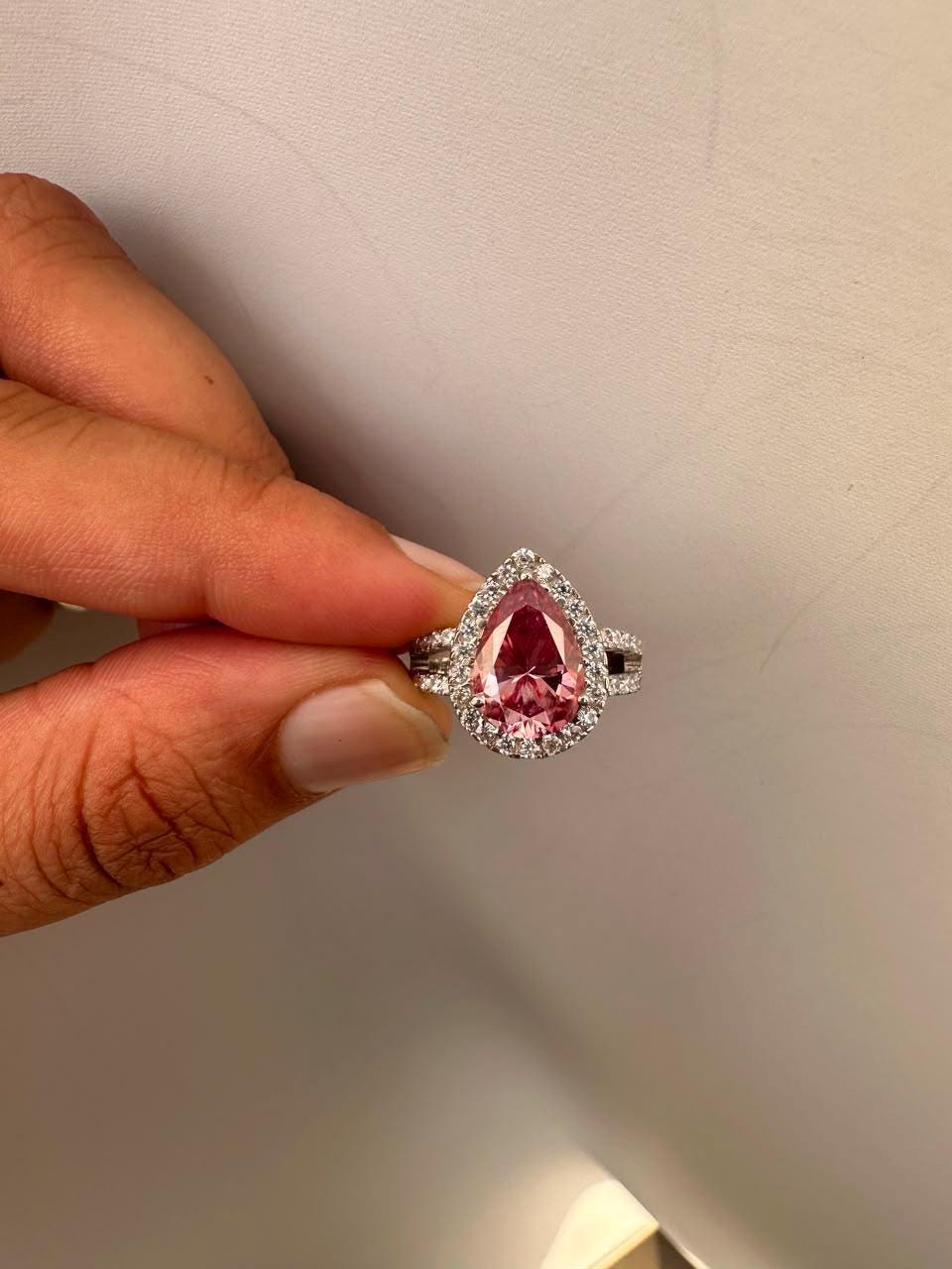 4 CT Pink Pear Moissanite Halo Engagement Ring 14K White Gold Split Shank