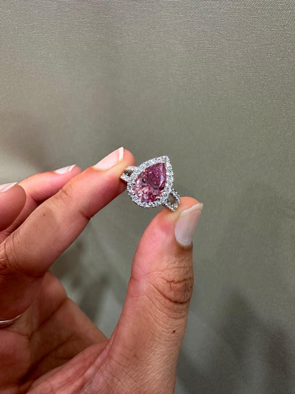 4 CT Pink Pear Moissanite Halo Engagement Ring 14K White Gold Split Shank