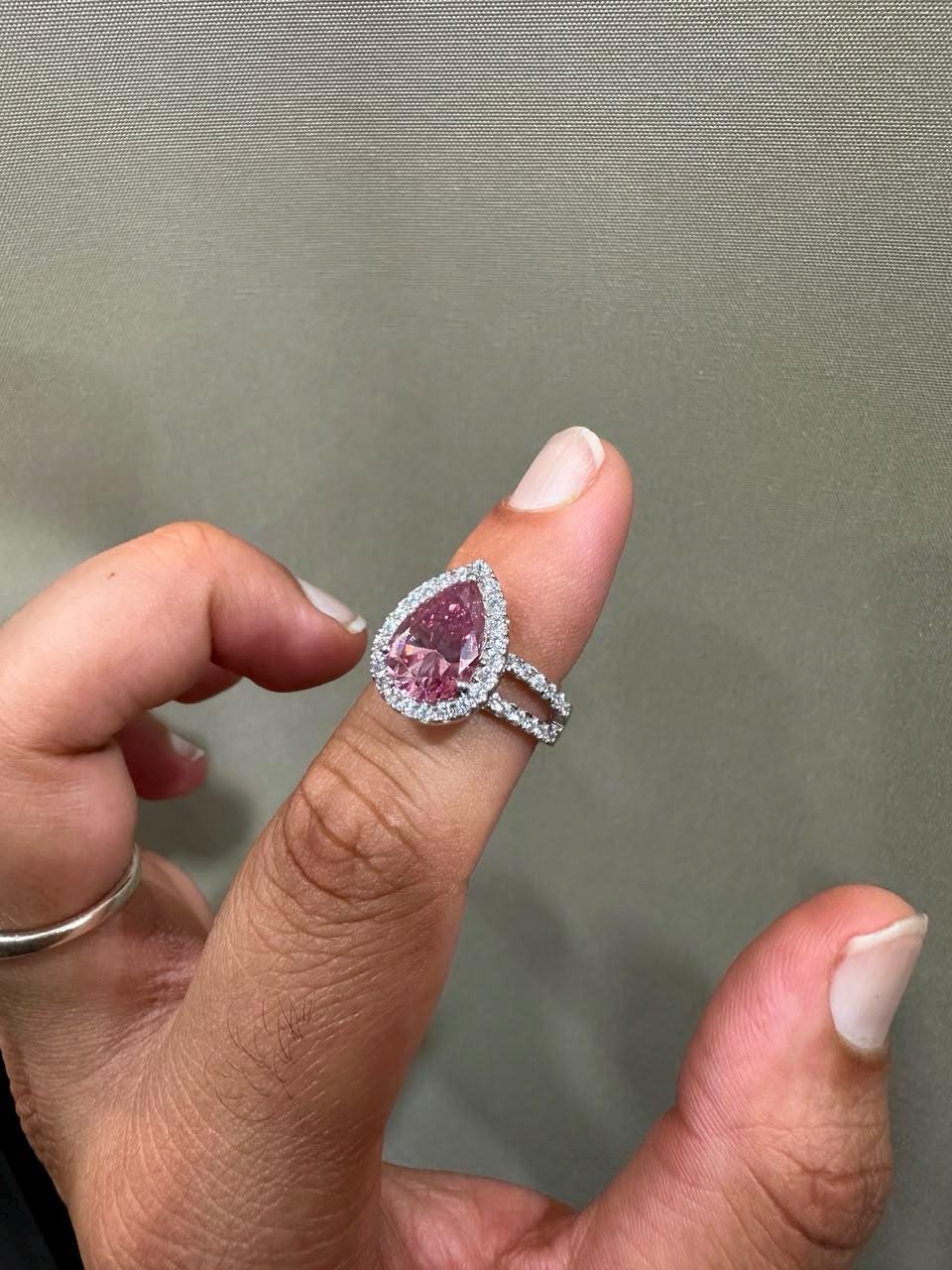 4 CT Pink Pear Moissanite Halo Engagement Ring 14K White Gold Split Shank