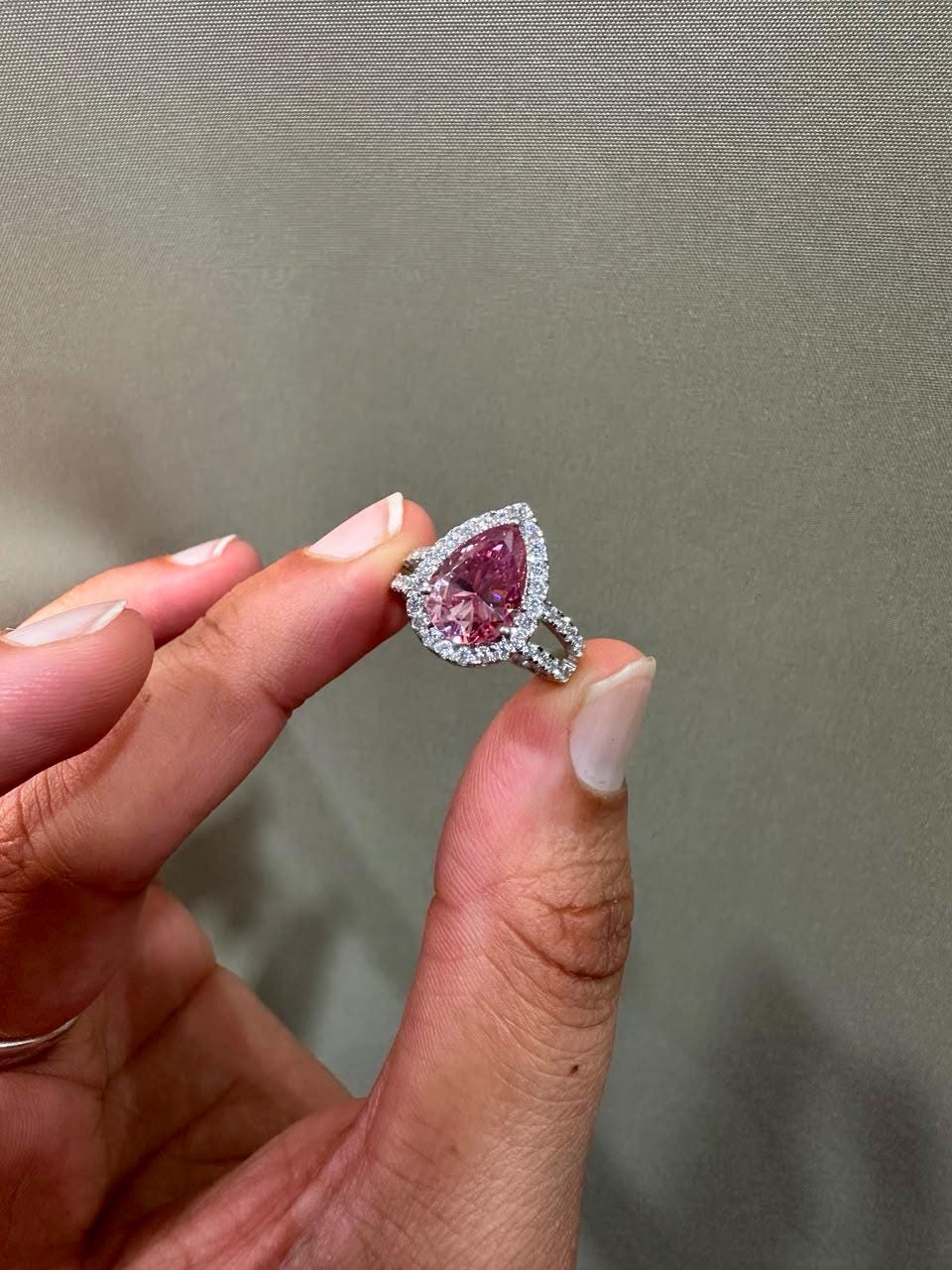 4 CT Pink Pear Moissanite Halo Engagement Ring 14K White Gold Split Shank