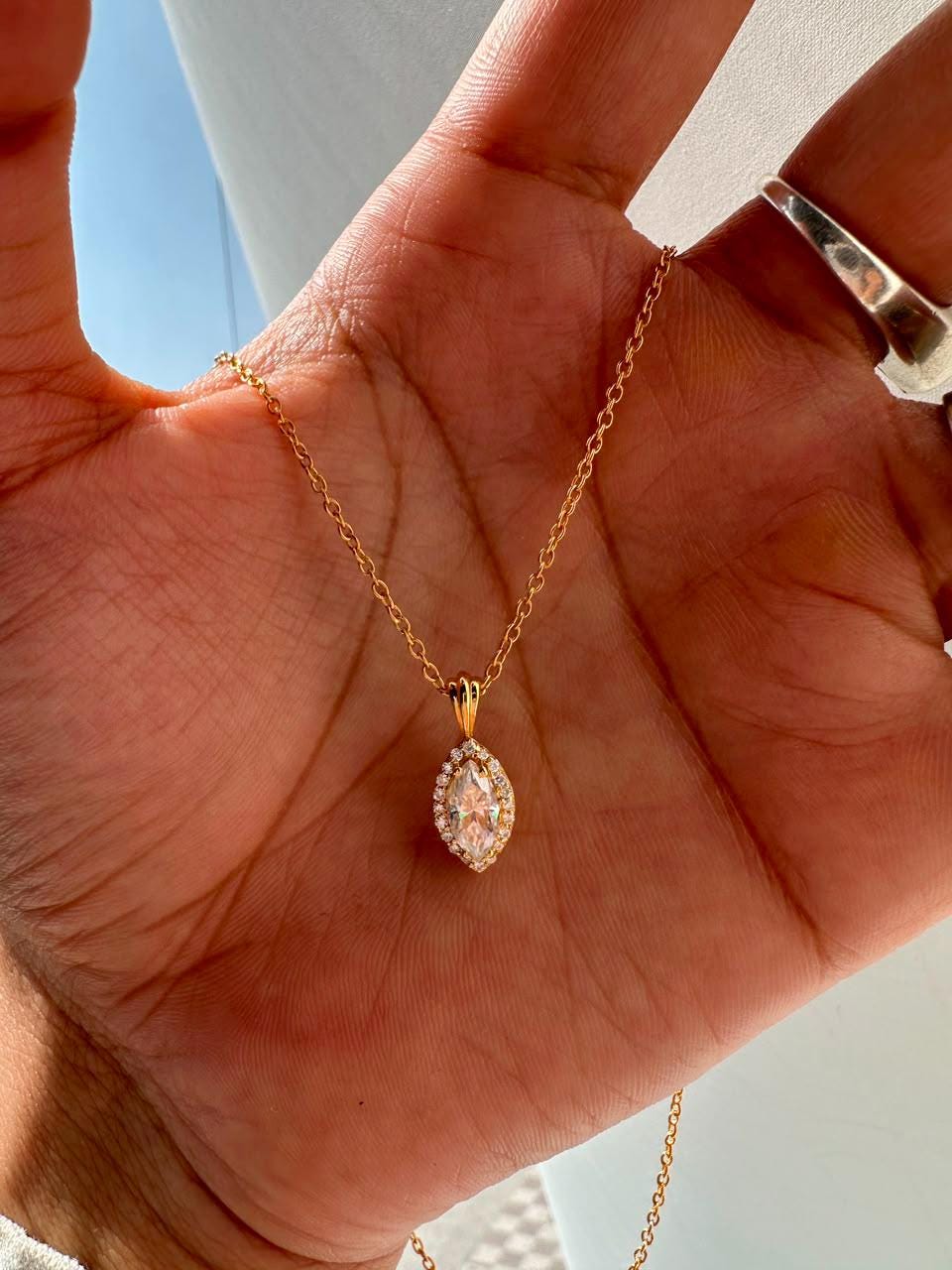 Marquise Moissanite Halo Pendant Necklace | 1.5 CT 14K Yellow Gold, Luxury Gift for Her
