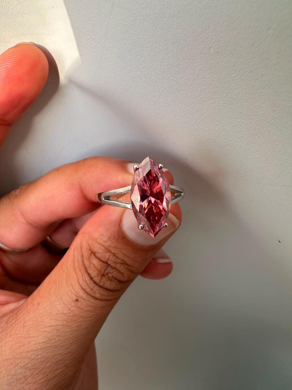 14K White Gold Marquise Pink Moissanite Engagement Ring, 5 Ct Statement Proposal Jewelry